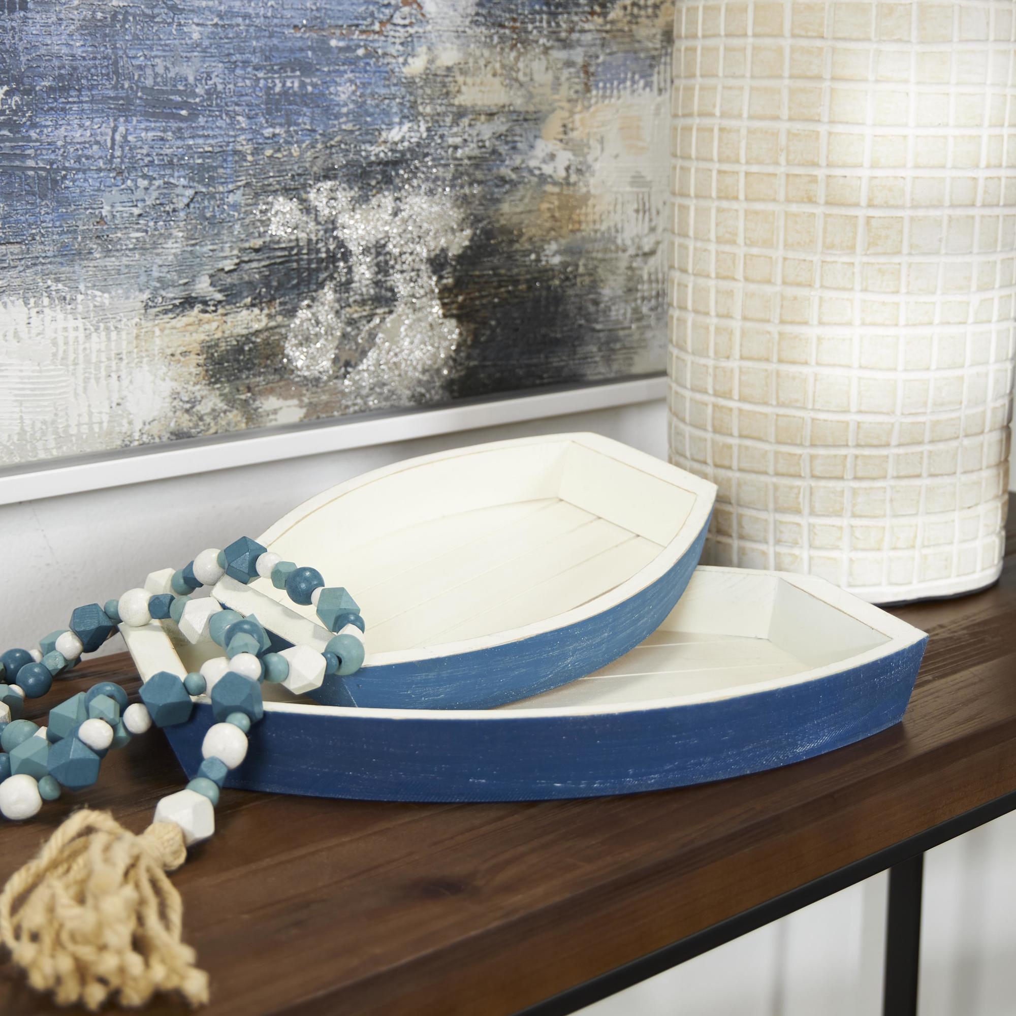 Set of 2 Boat Blue Wood Handmade Distressed Two Toned Living Room Decor Tray