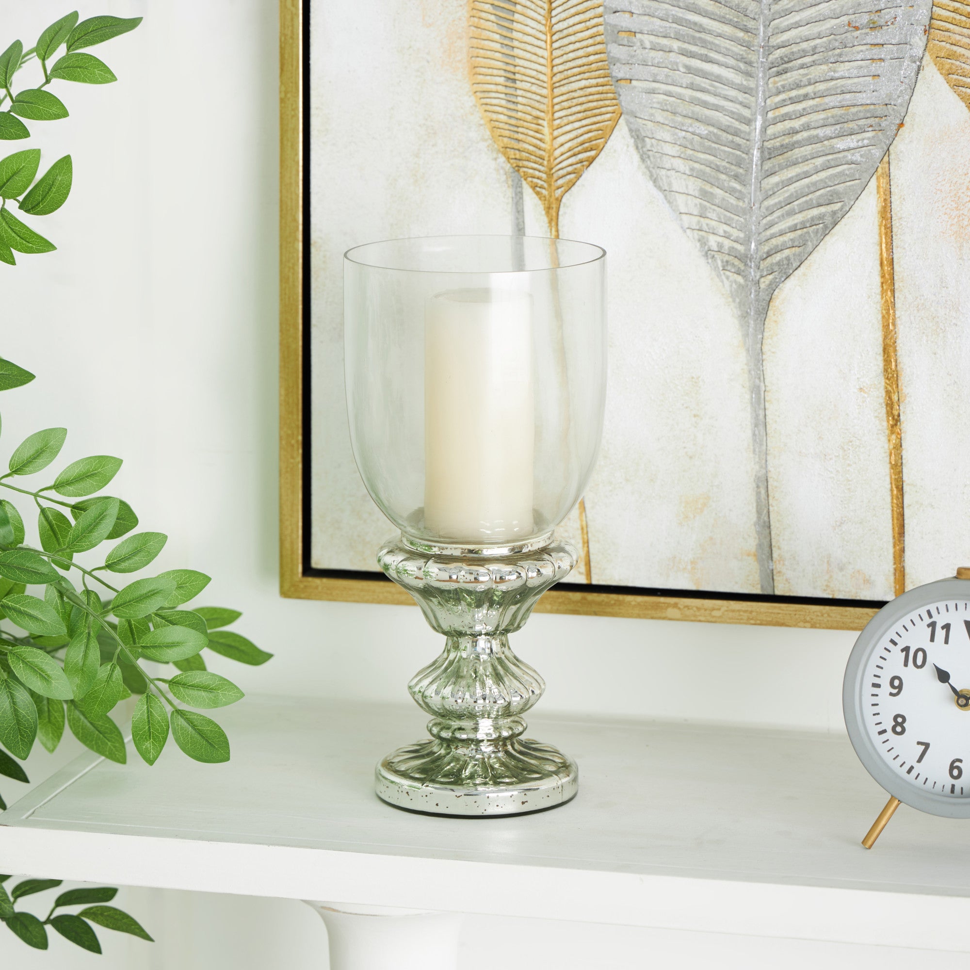 Silver Glass Handmade Turned Style Pillar Room Hurricane Lamp with Faux Mercury Glass Finish