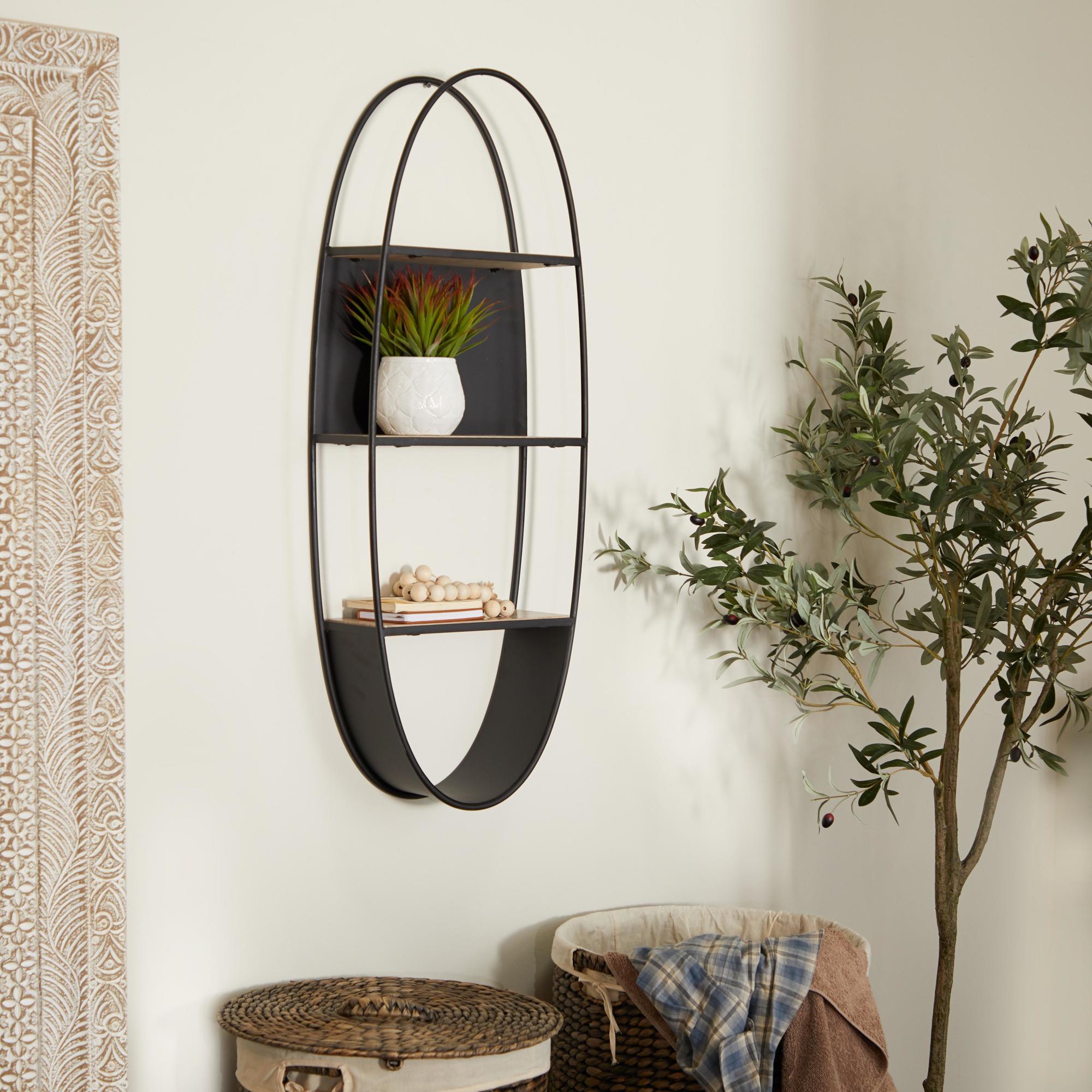 Black Metal Oval 2 Shelves Room Wall Shelf