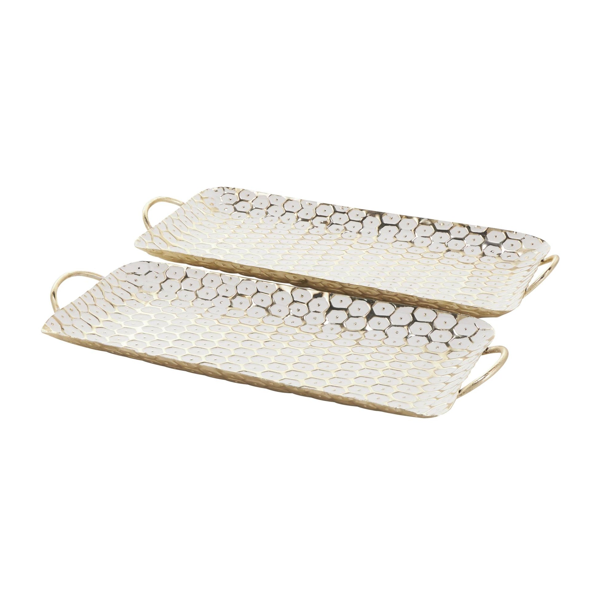 Set of 2 Geometric Gold Metal Geometric Dot Living Room Decor Tray with White Accents