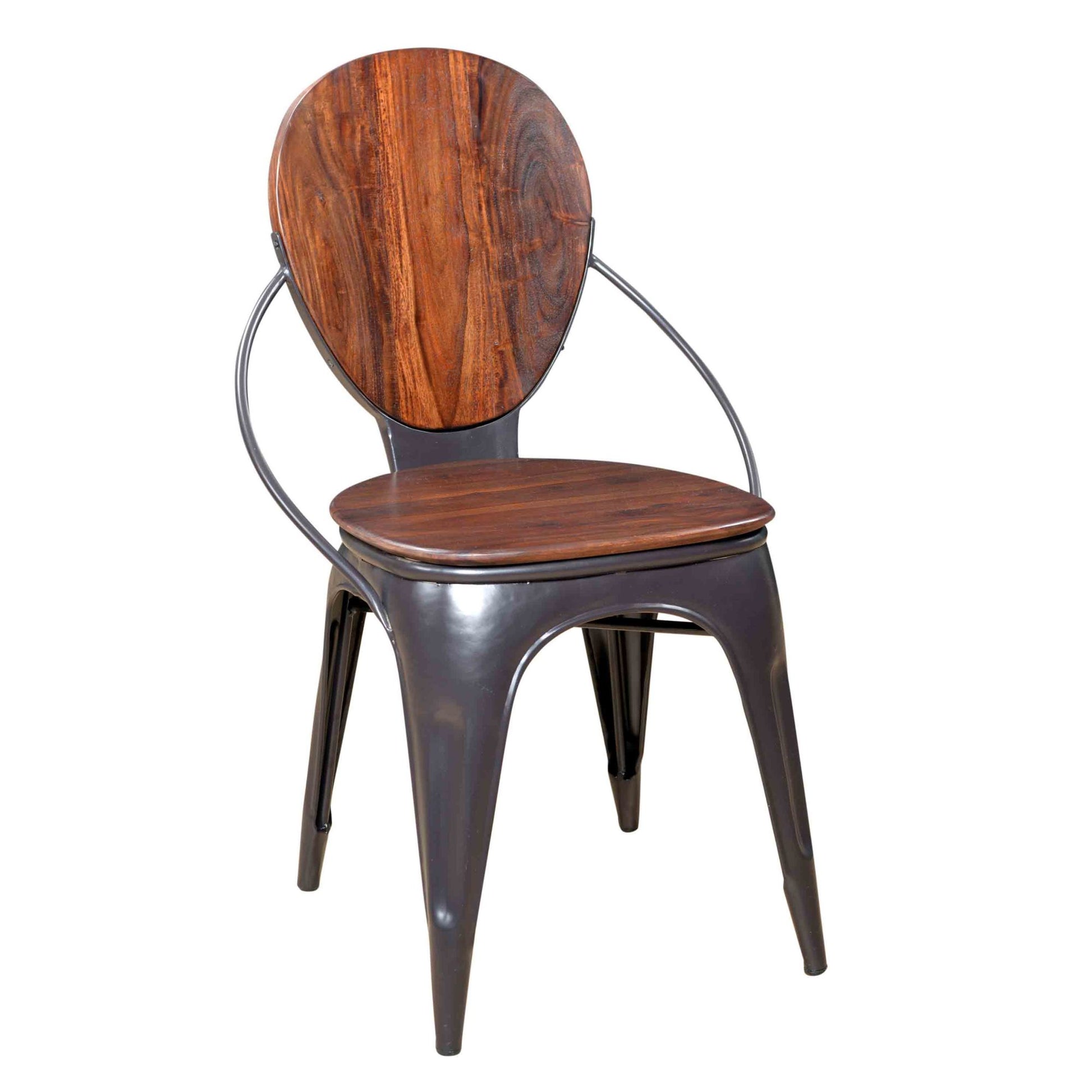 Set of 2 Brown Sheesham Wood Rounded Kitchen Dining Chair with Gunmetal Tapered Legs and Curved Support