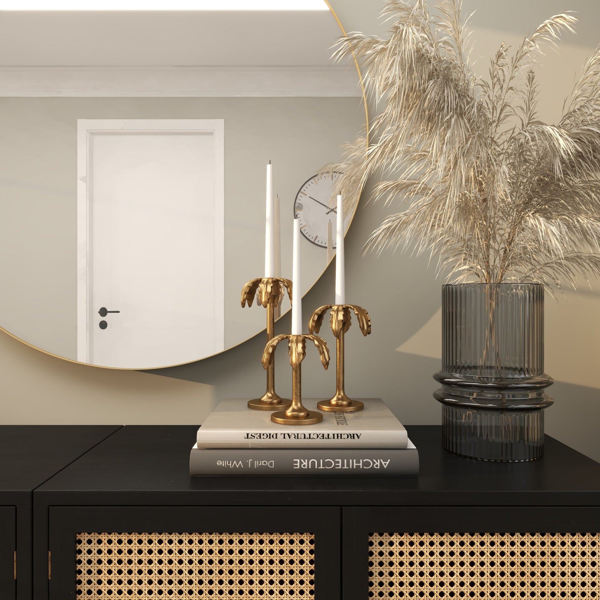 Set of 3 Gold Aluminum Metal Palm Tree Decorative Candle Holder