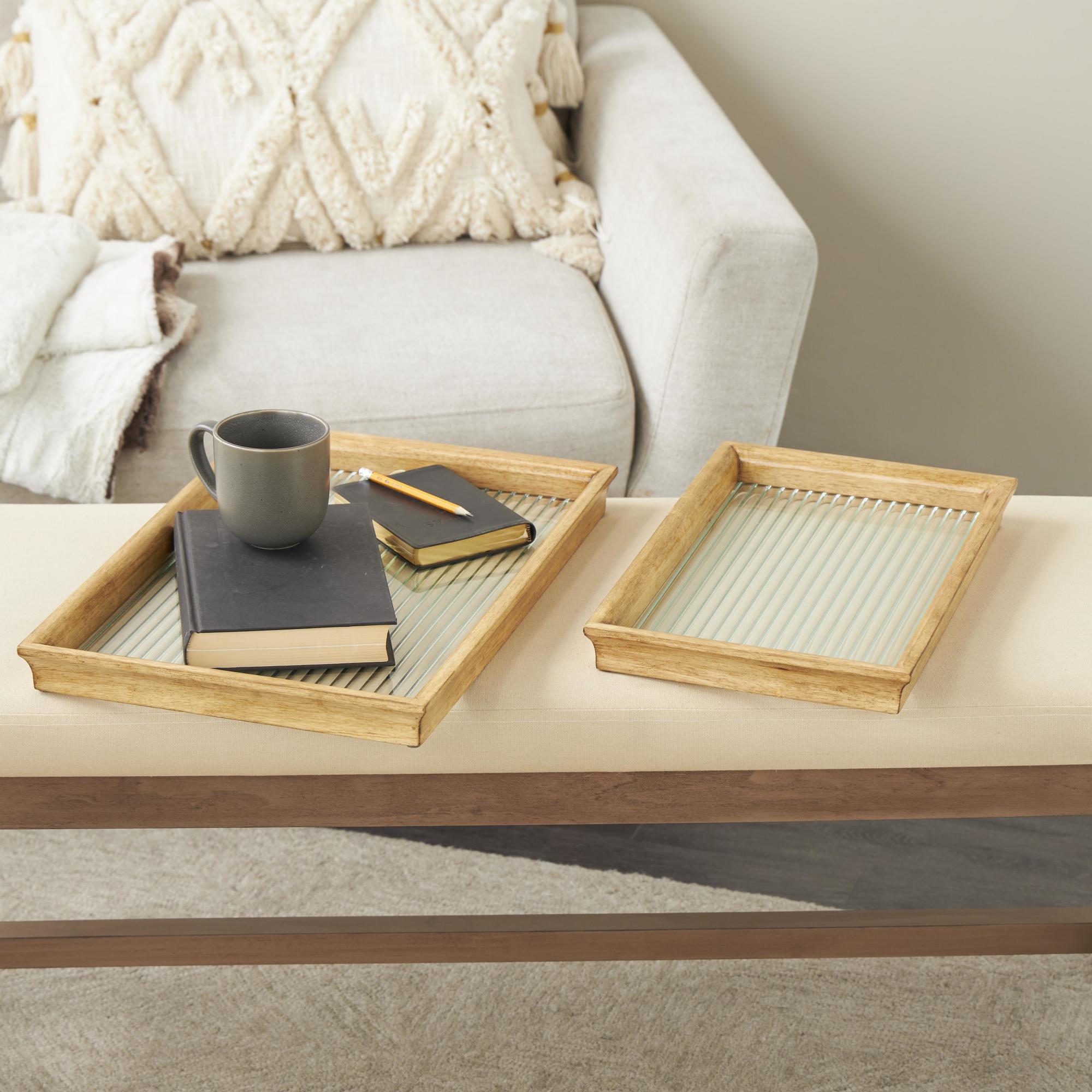 Set of 2 Brown Wood Nesting Living Room Decor Tray with Fluted Glass Bases