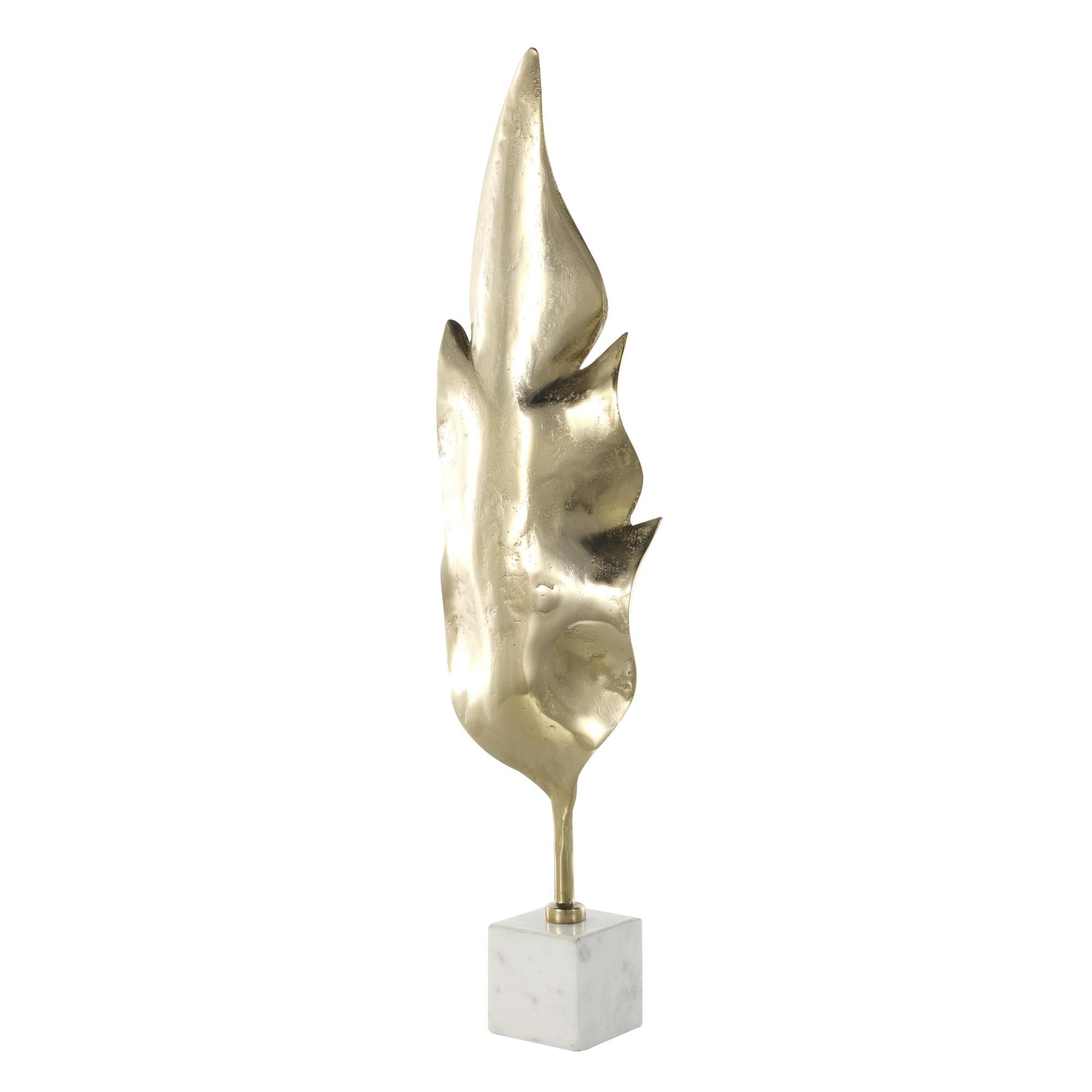 Leaf Gold Aluminum Metal Tall Textured Decorative Sculpture with White Marble Base