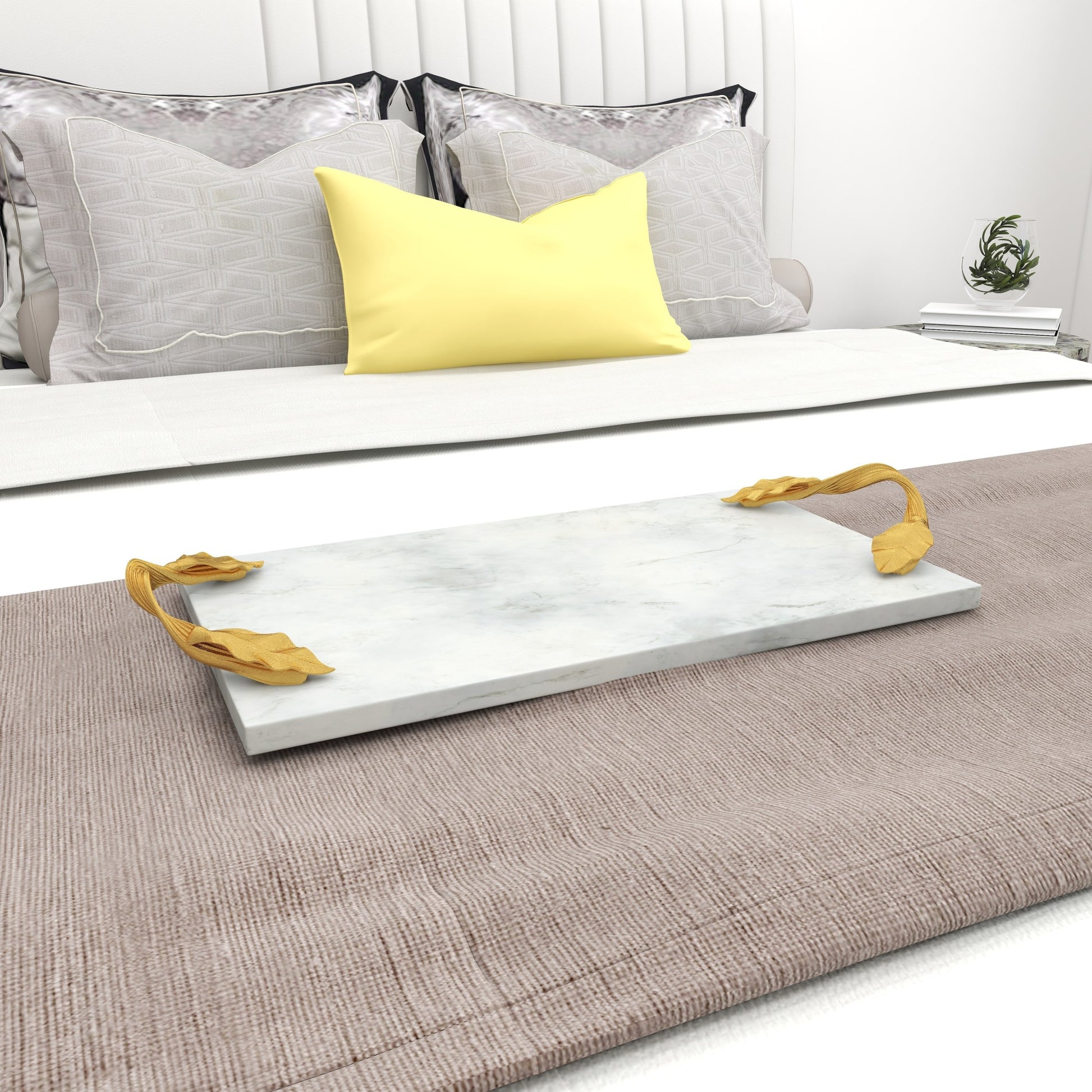 Marble Rectangle Living Room Decor Tray with Gold Twisted Leaf Handles 21" x 10" x 2"
