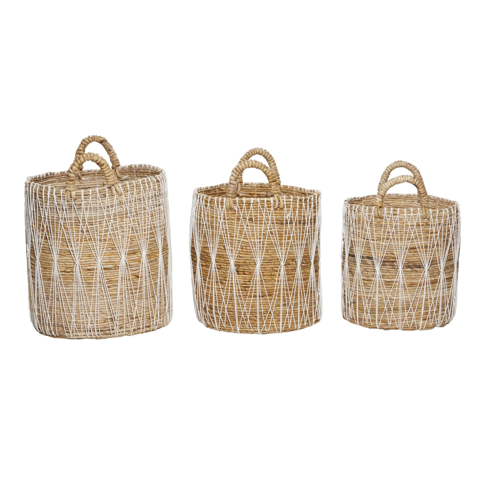 Set of 3 Banana Leaf Handmade String Detail Decorative and Functional Storage Basket with Handles Set of 3 20", 19", 17"H