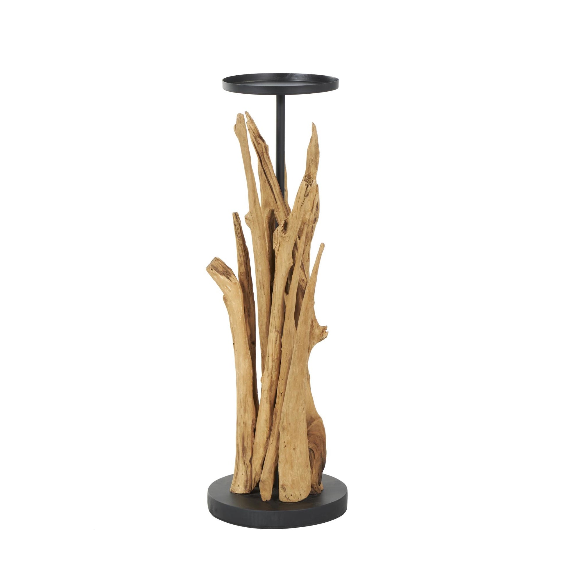 Brown Teak Wood Handmade Tall Tree Branch Floor Decorative Candle Holder with Black Metal Accents