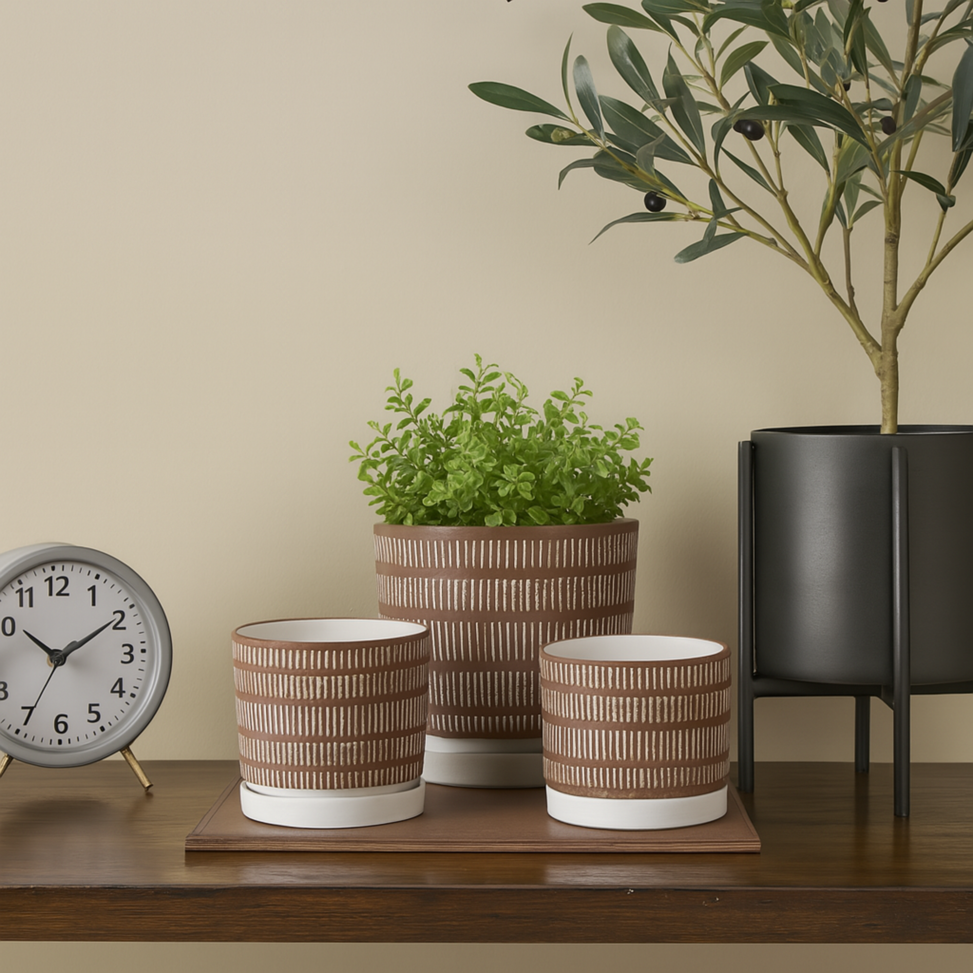 Set of 3 Brown Ceramic Polka Dot and Linear Patterned Indoor Outdoor Planter with White Accents and Base Tray