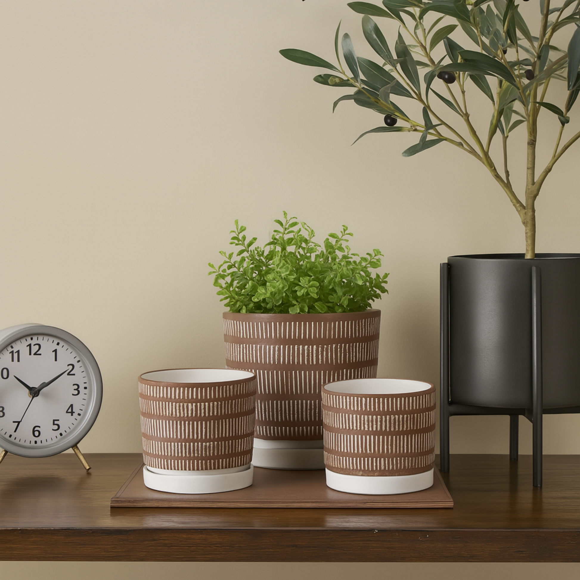 Set of 3 Brown Ceramic Polka Dot and Linear Patterned Indoor Outdoor Planter with White Accents and Base Tray