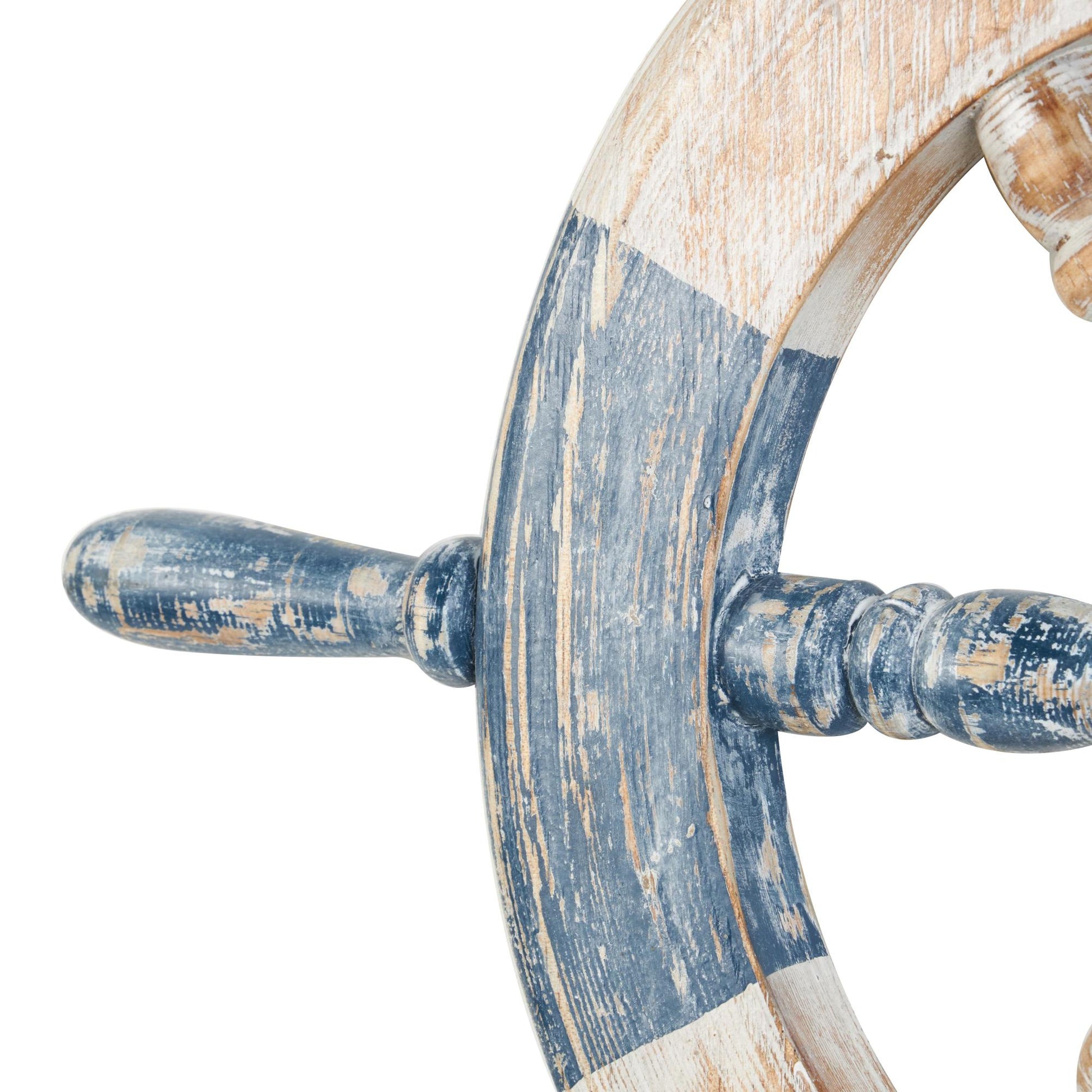 Ship Wheel Blue Wood Distressed Two-Toned Home Wall Decor with Brown Accents