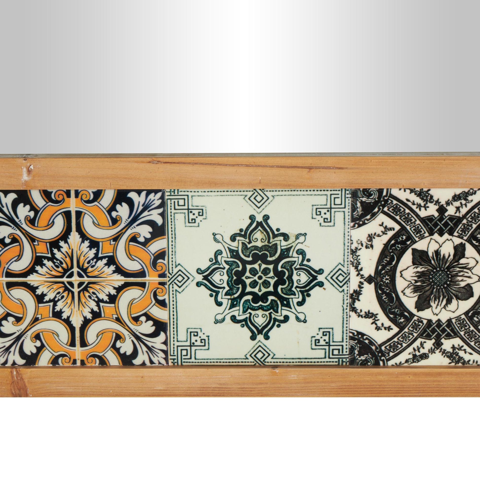 Floral Brown Wood Room Wall Mirror with Patterned Mosaic Tile Edge