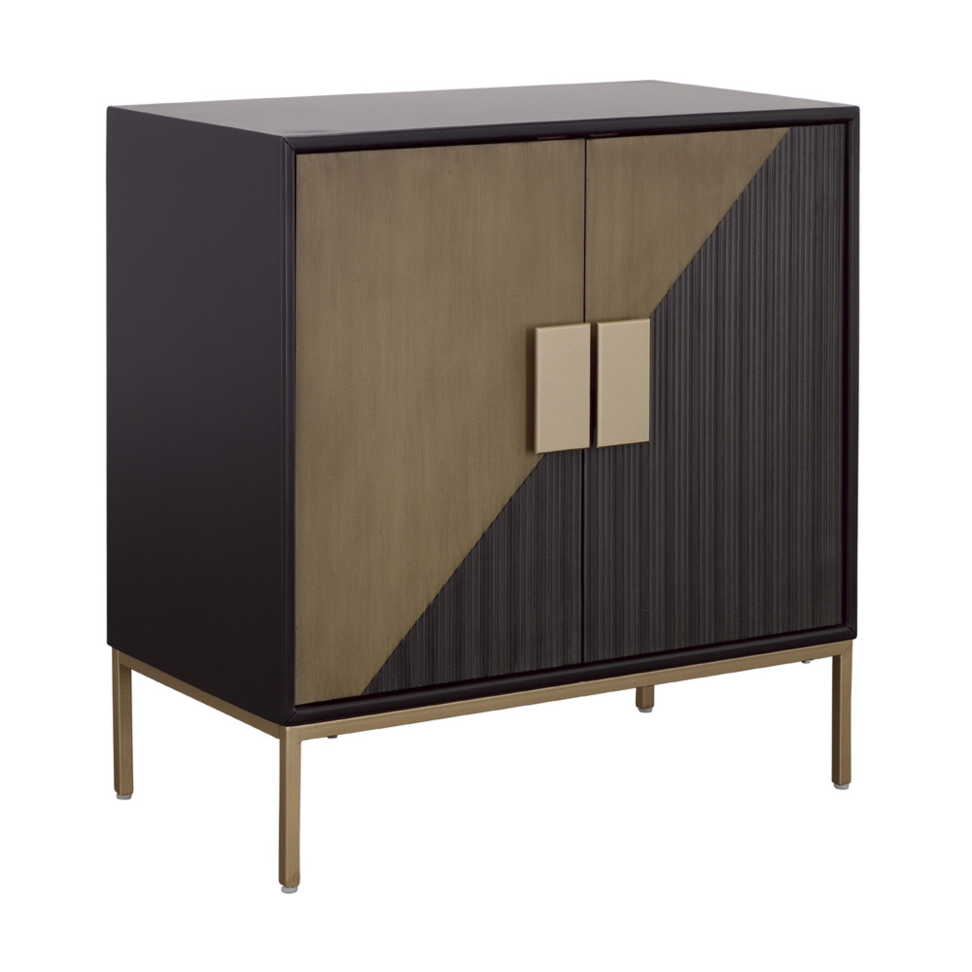 Geometric Black Wooden Ribbed Two-Toned Triangle Cut 2 Door Room Cabinet with Gold Rectangular Block Handles and Legs