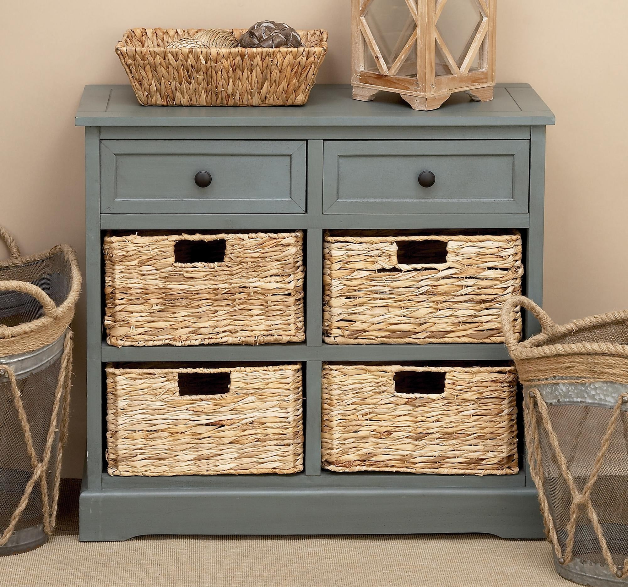 Teal Wood 2 Drawer Room Storage Unit with 4 Wicker Basket Drawers