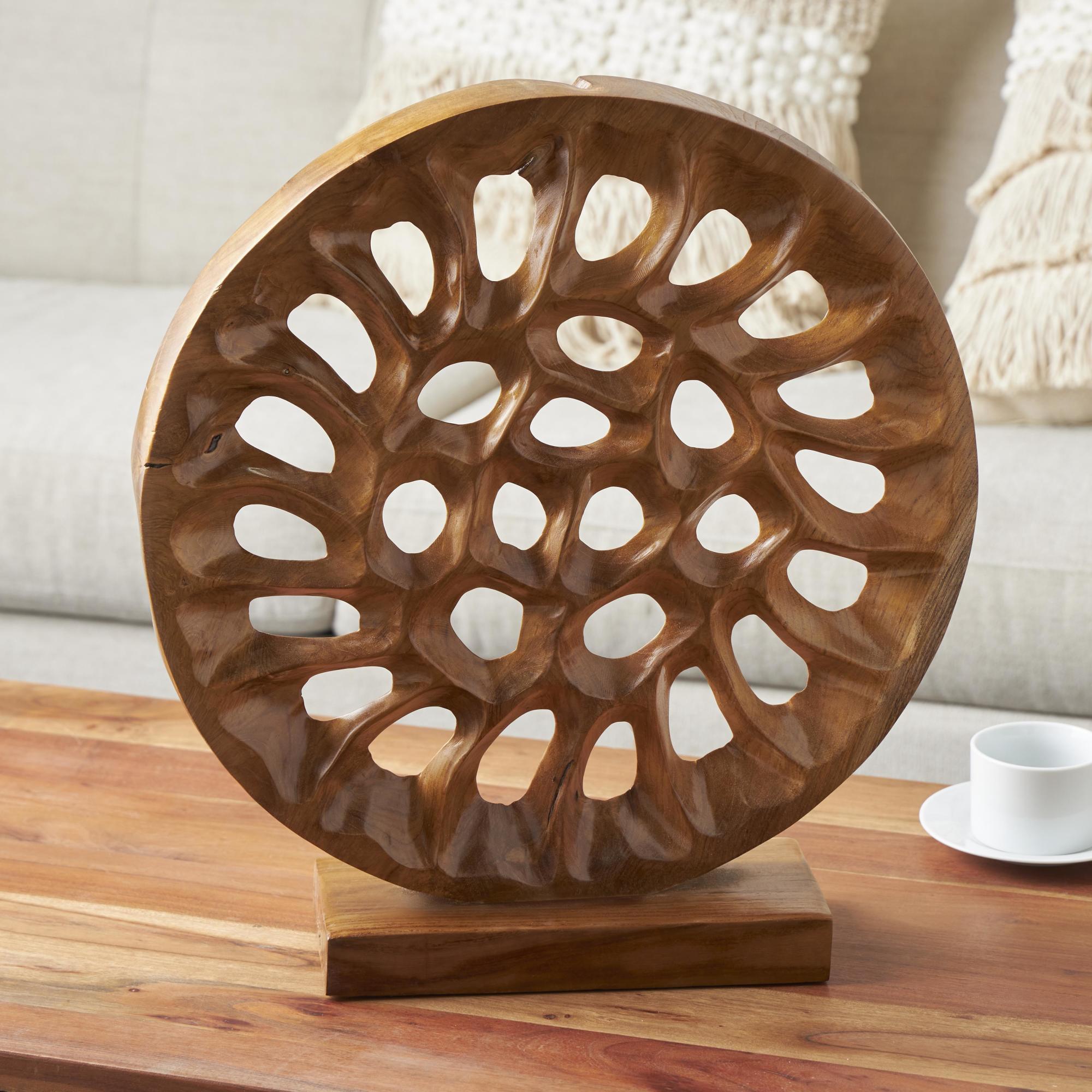 Abstract Brown Teak Wood Handmade Circular Cutout Decorative Sculpture