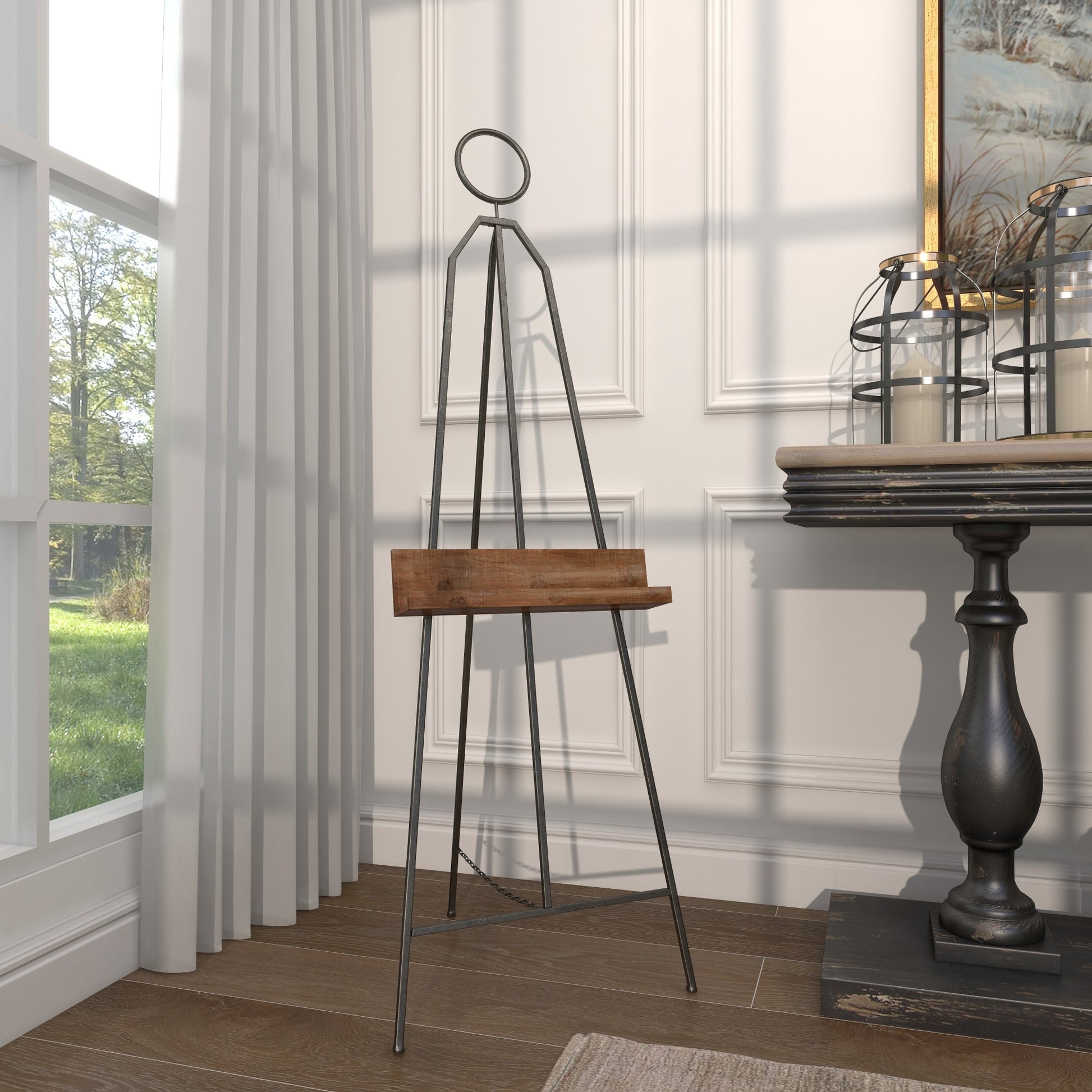 Black Metal Large Adjustable Display Easel with Chain Support and Wood Tray