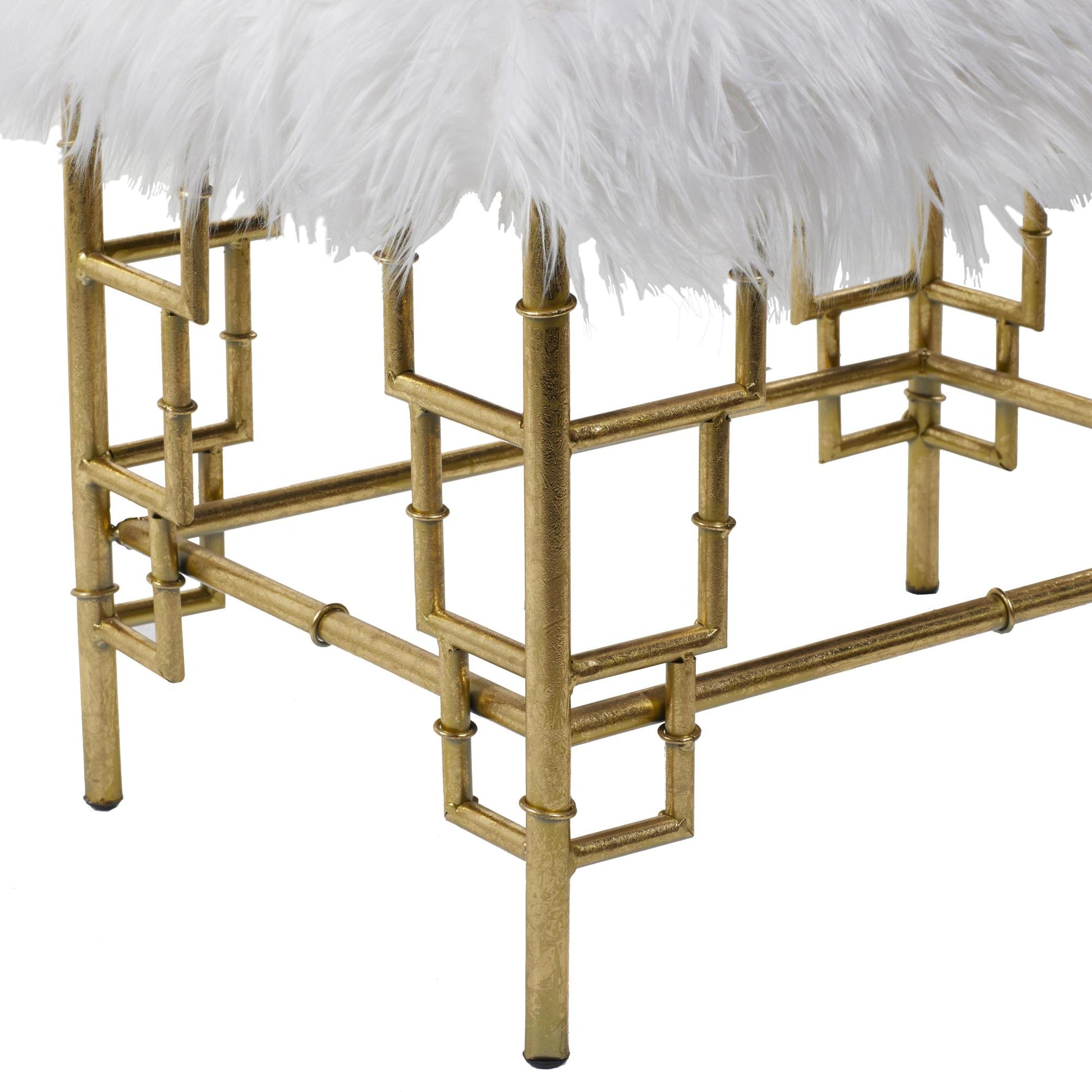 Gold Metal Living Room Stool with Faux Fur