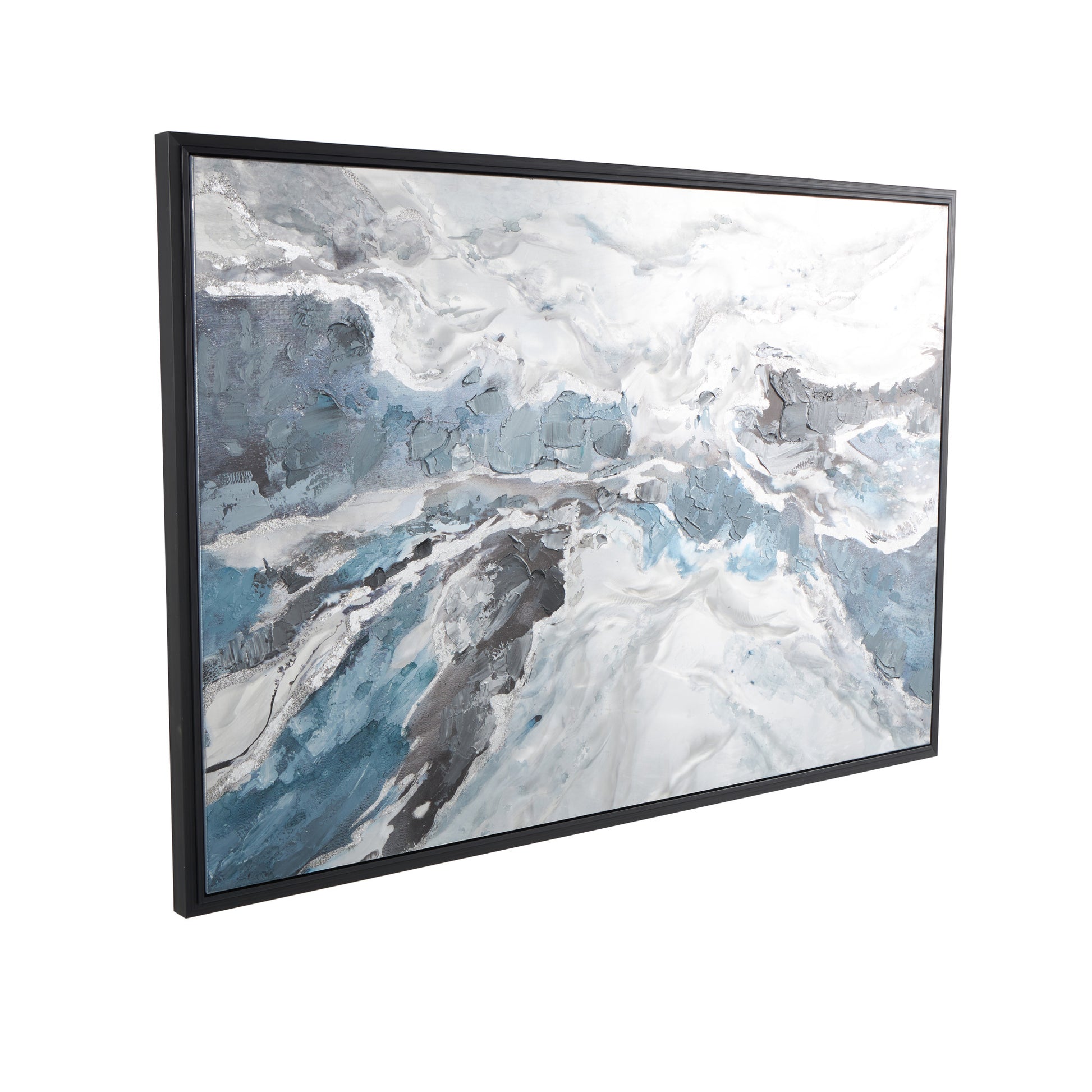 Abstract Blue Canvas Living Room Framed Wall Art with Silver Foil Accents and Black Frame