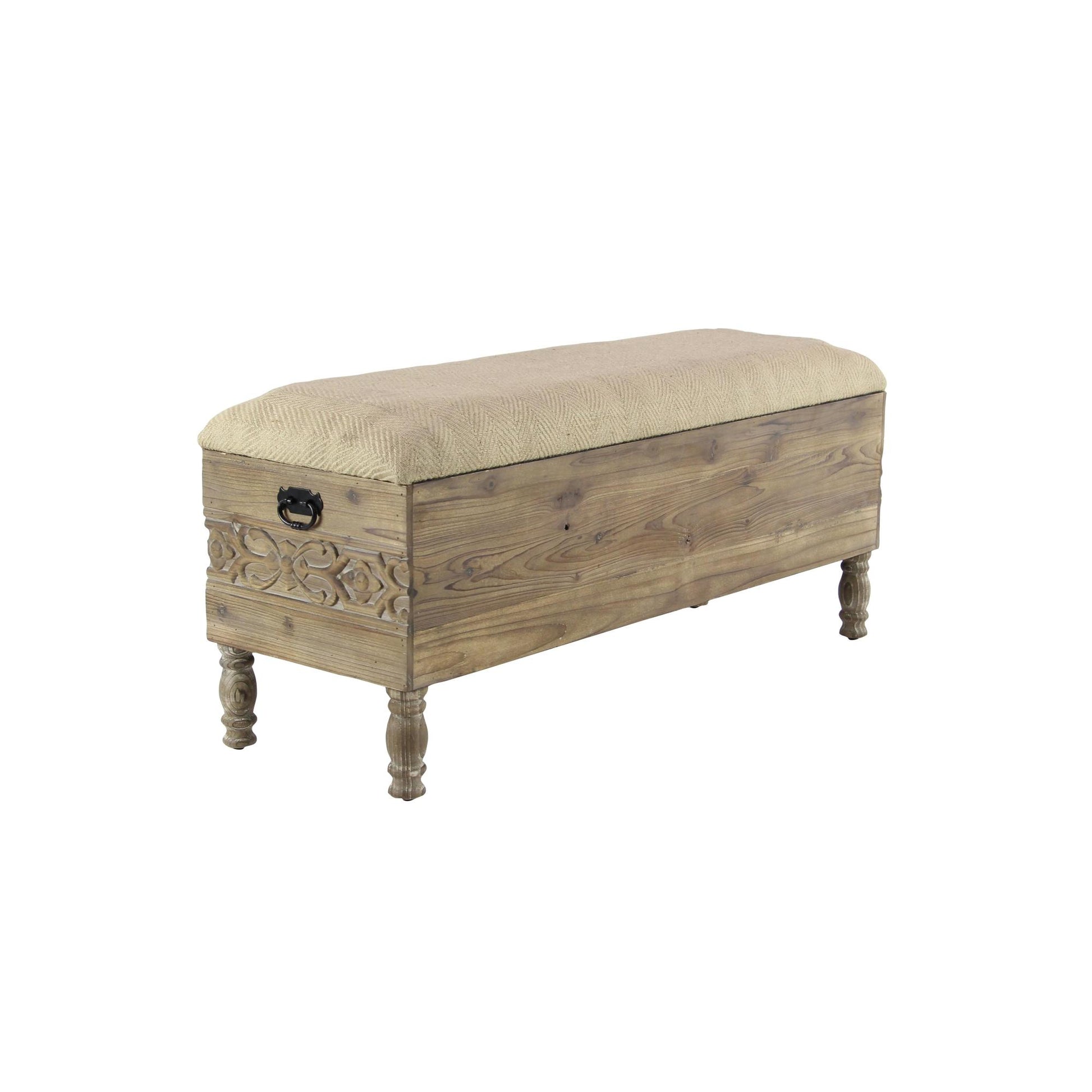 Floral Brown Wood Intricately Carved Room Storage Bench with Cream Burlap Top
