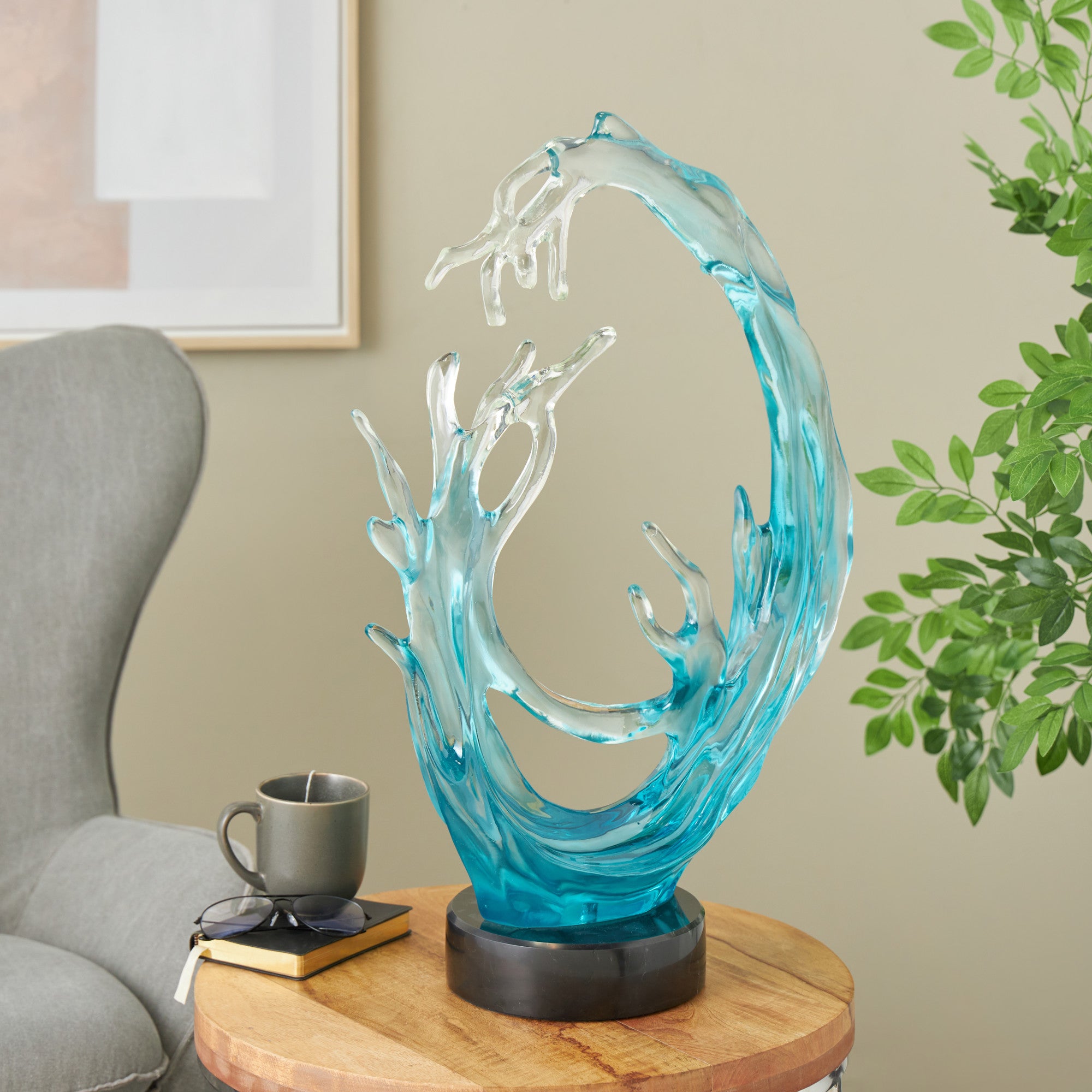 Coral Blue Glass Ombre Decorative Sculpture with Black Round Base