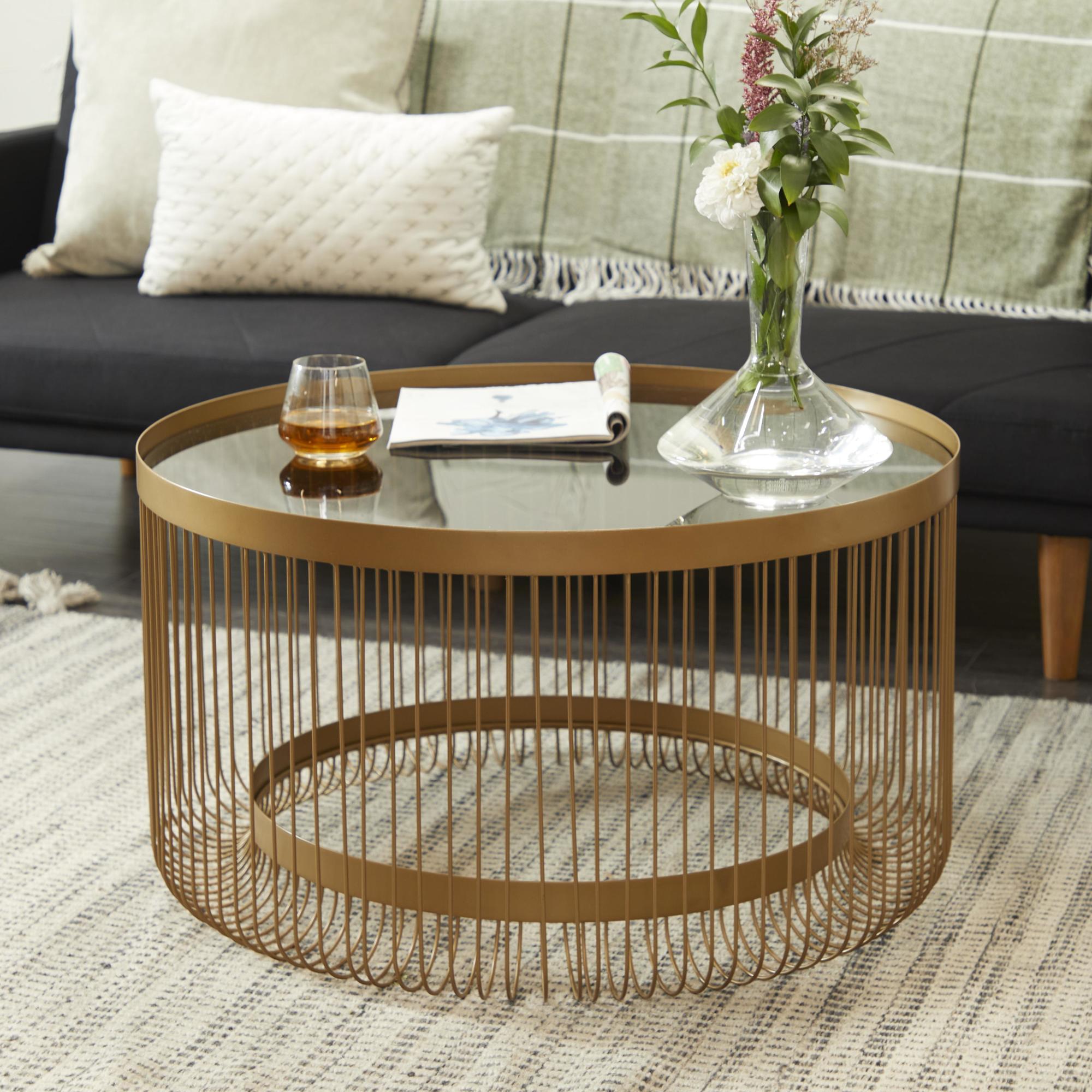 Gold Metal Living Room Coffee Table with Clear Glass Top