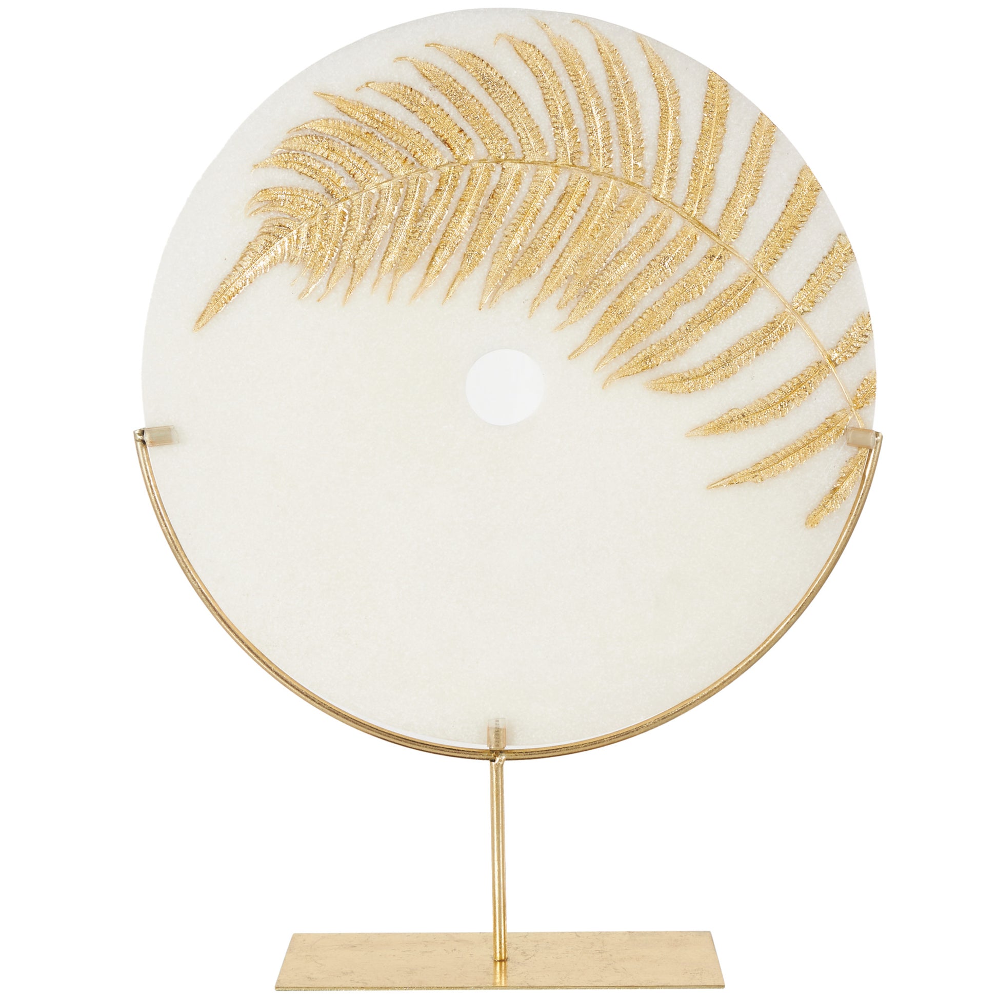 Leaf White Polystone Cutout Round Disk Decorative Sculpture with Gold Stand