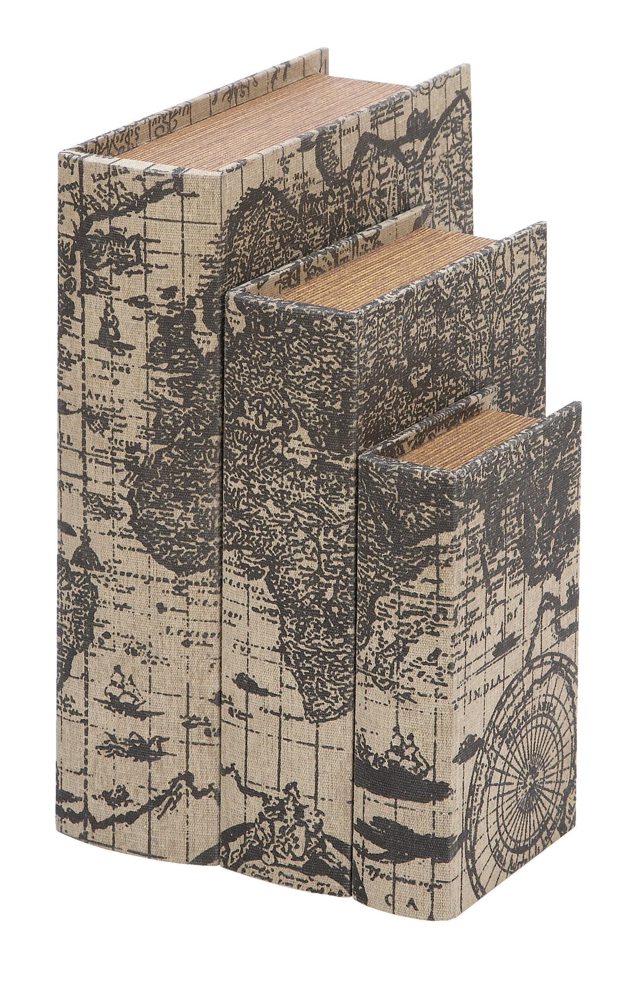 Set of 3 World Map Beige Linen Fabric Faux Book Storage Decorative Box with Black Continents