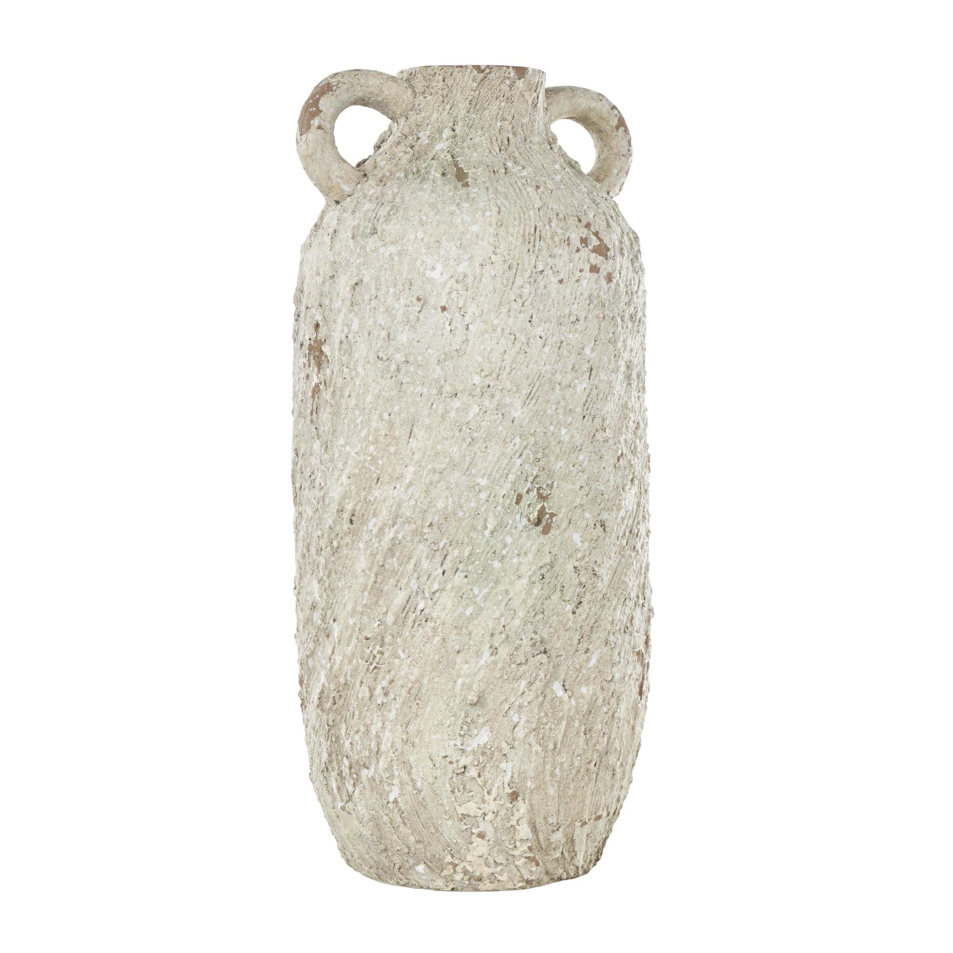 Cream Magnesium Oxide Antique Textured Amphora Decorative Vase with 2 Small Handles