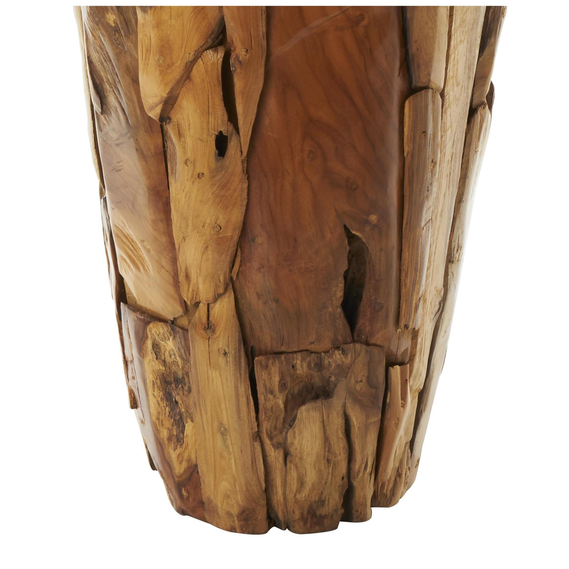 Brown Teak Wood Handmade Tall Floor Decorative Vase with Mosaic Live Edge Pieces