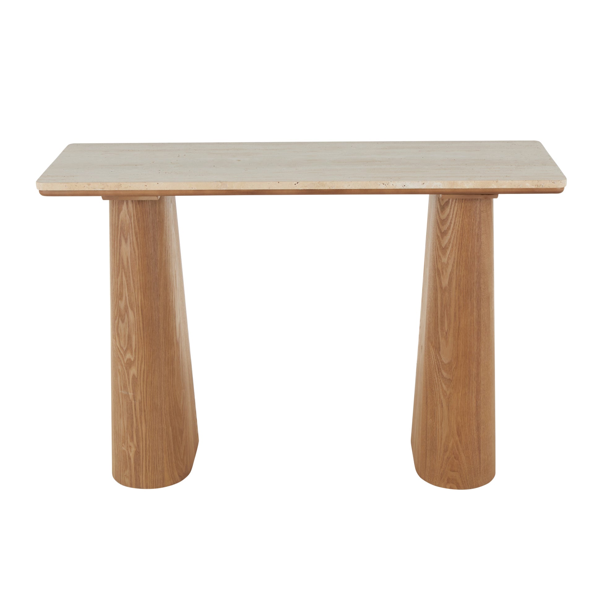 Brown Wood Rectangular Living Room Console Table with Rectangle Beige Marble Tabletop