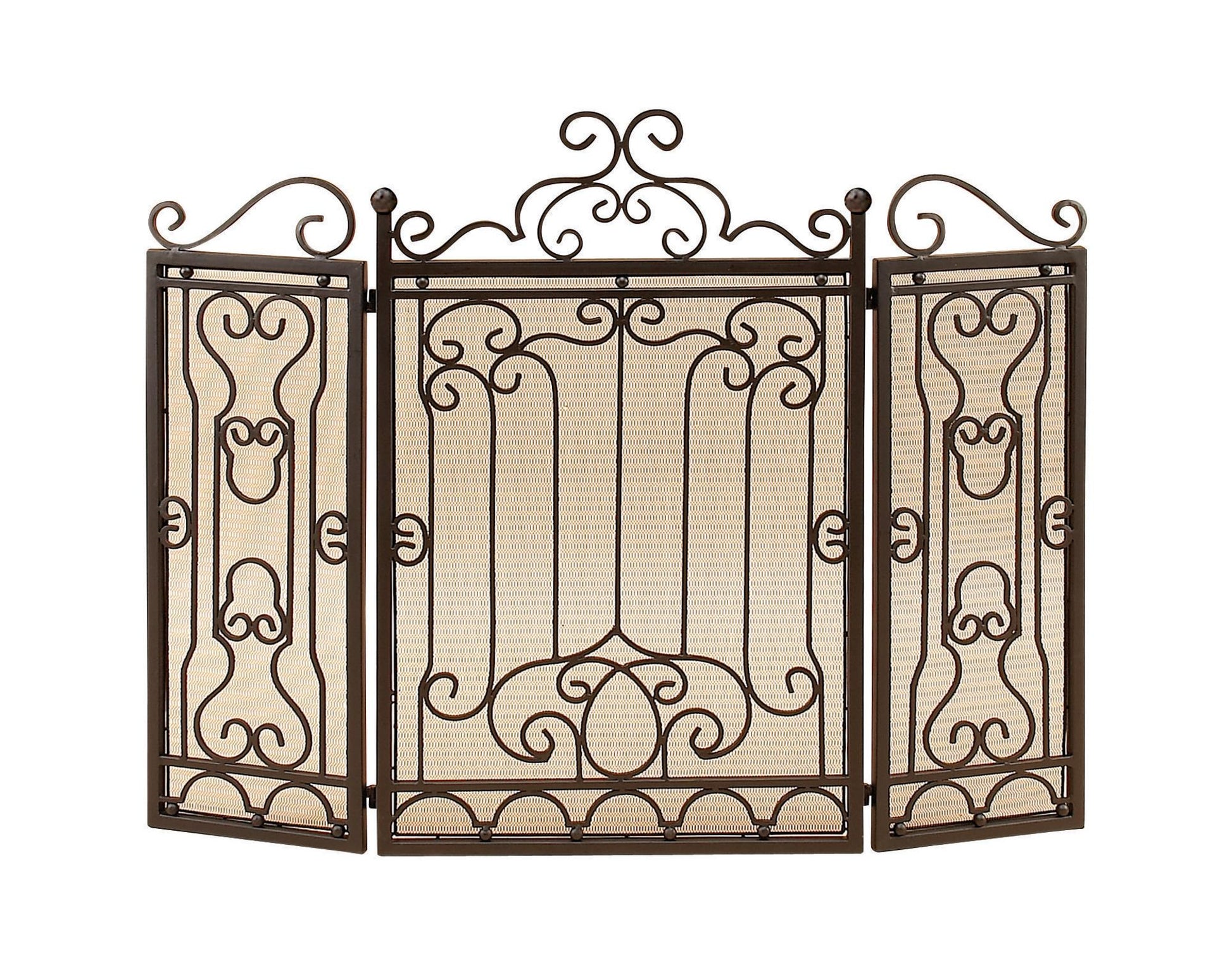 Scroll Dark Brown Metal Foldable Mesh Netting 3 Panel Living Room Fireplace Screen