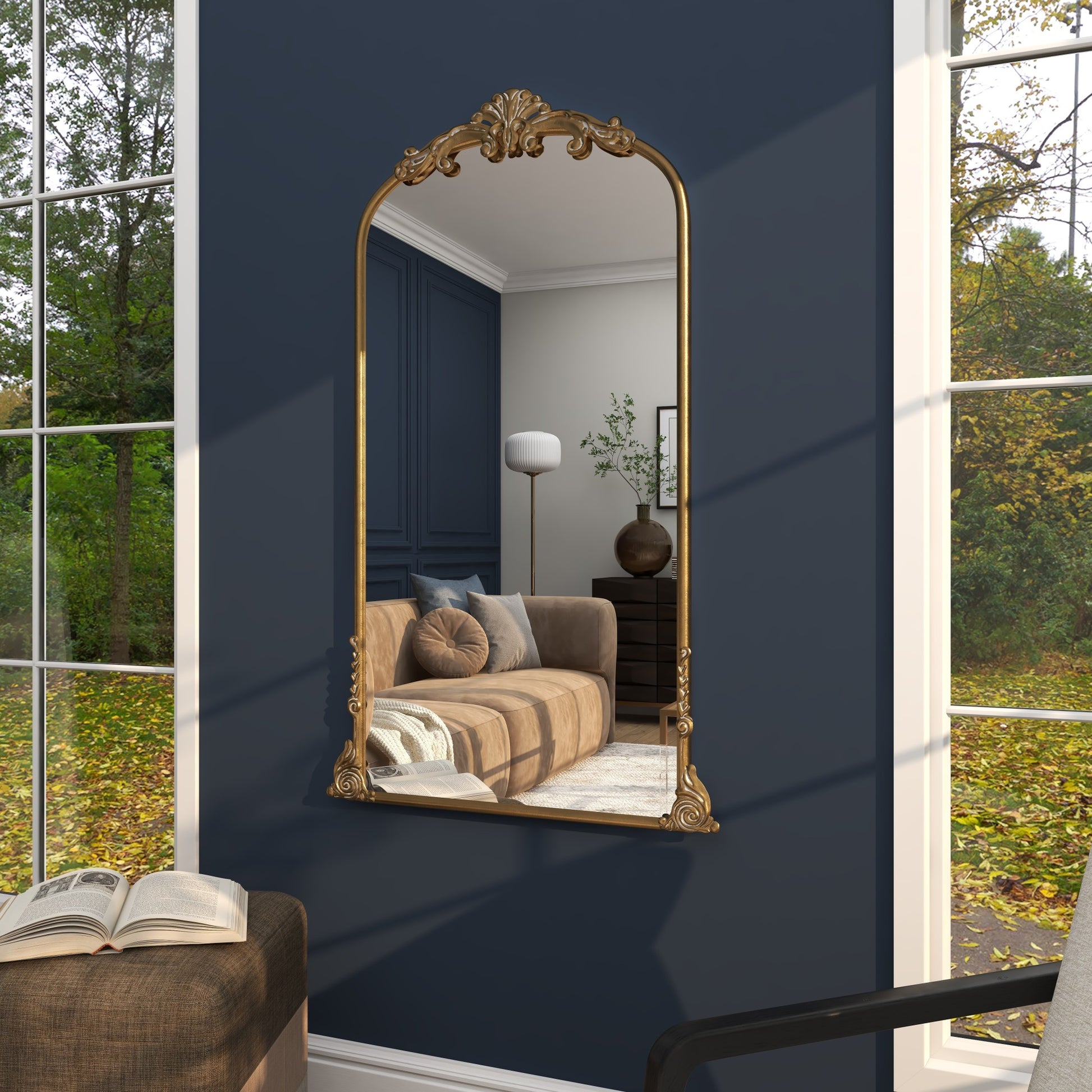 Scroll Gold Metal Tall Ornate Arched Baroque Room Floor Mirror