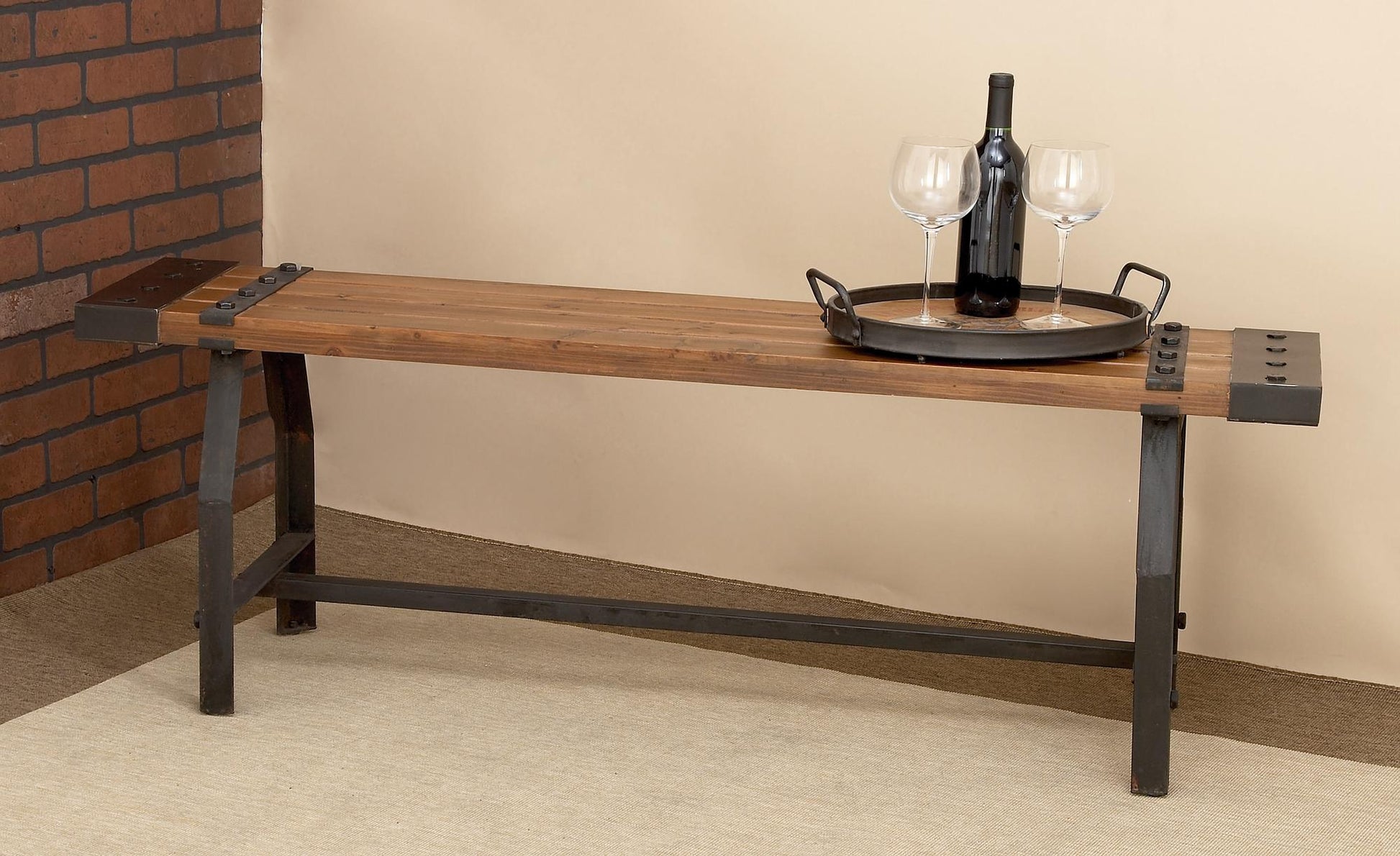 Brown Wood Slatted Home Bench with Black Metal Base and Studs