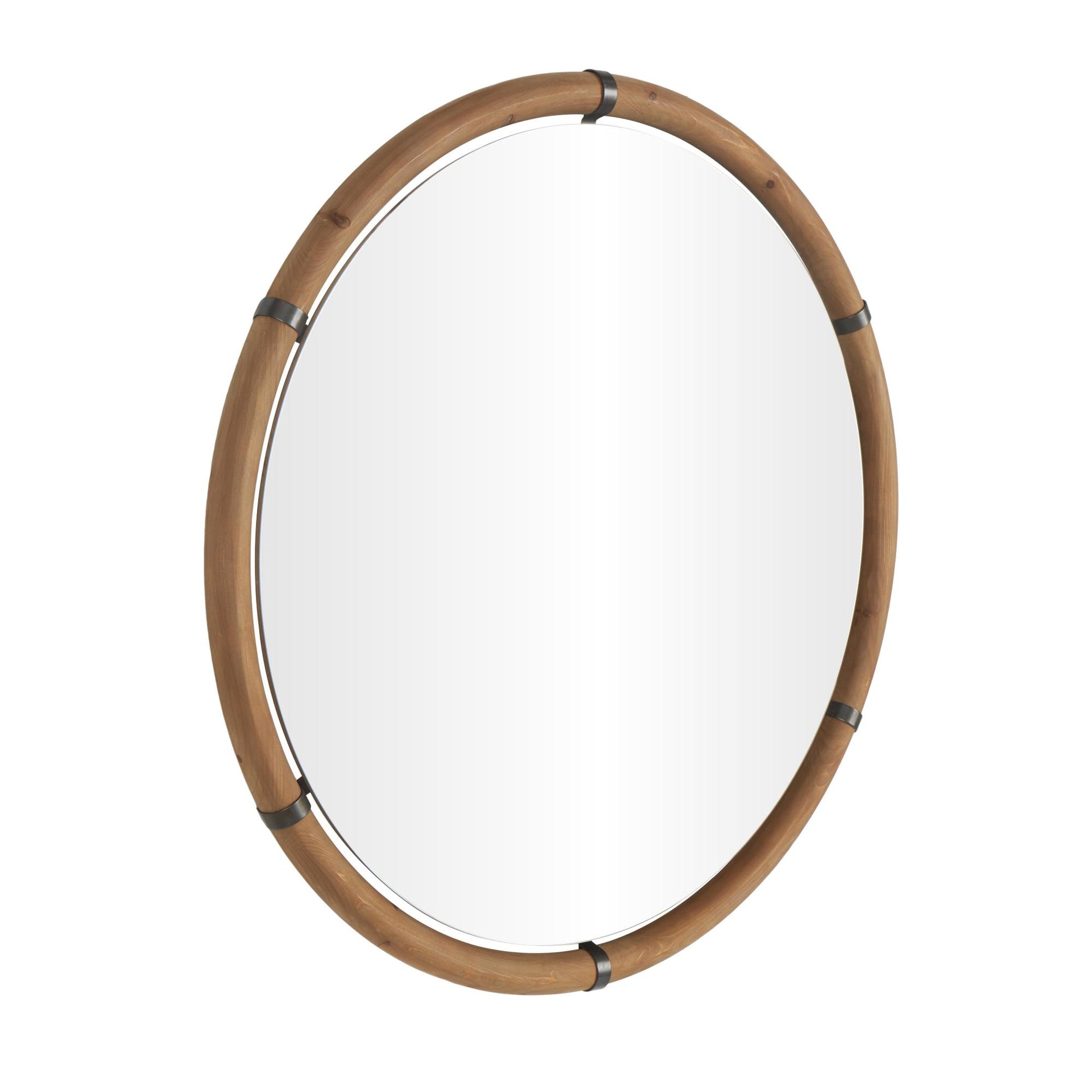 Brown Wood Round Room Wall Mirror with Brass Metal Support