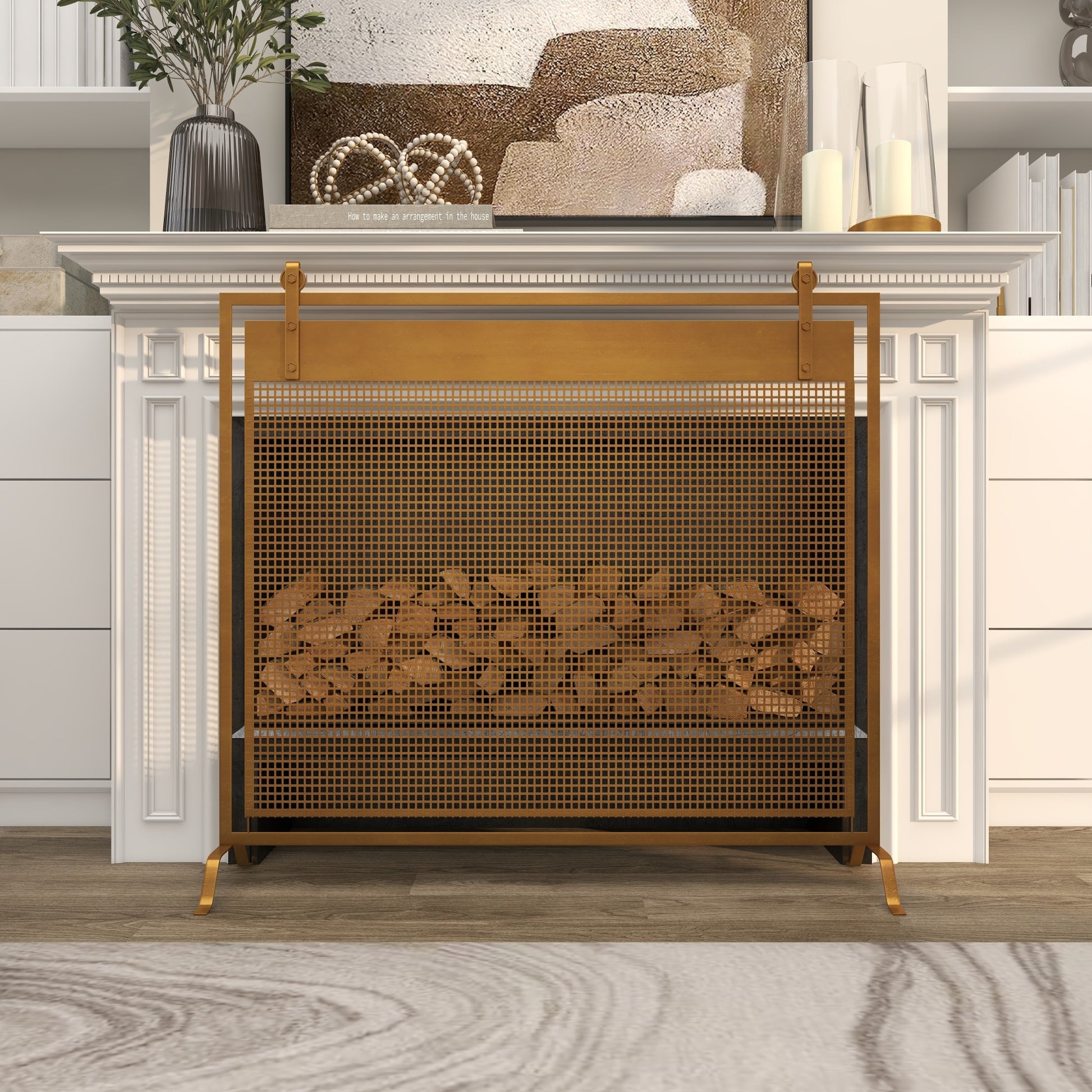 Geometric Metal Suspended Grid Style Single Panel Living Room Fireplace Screen with Bolted Detailing