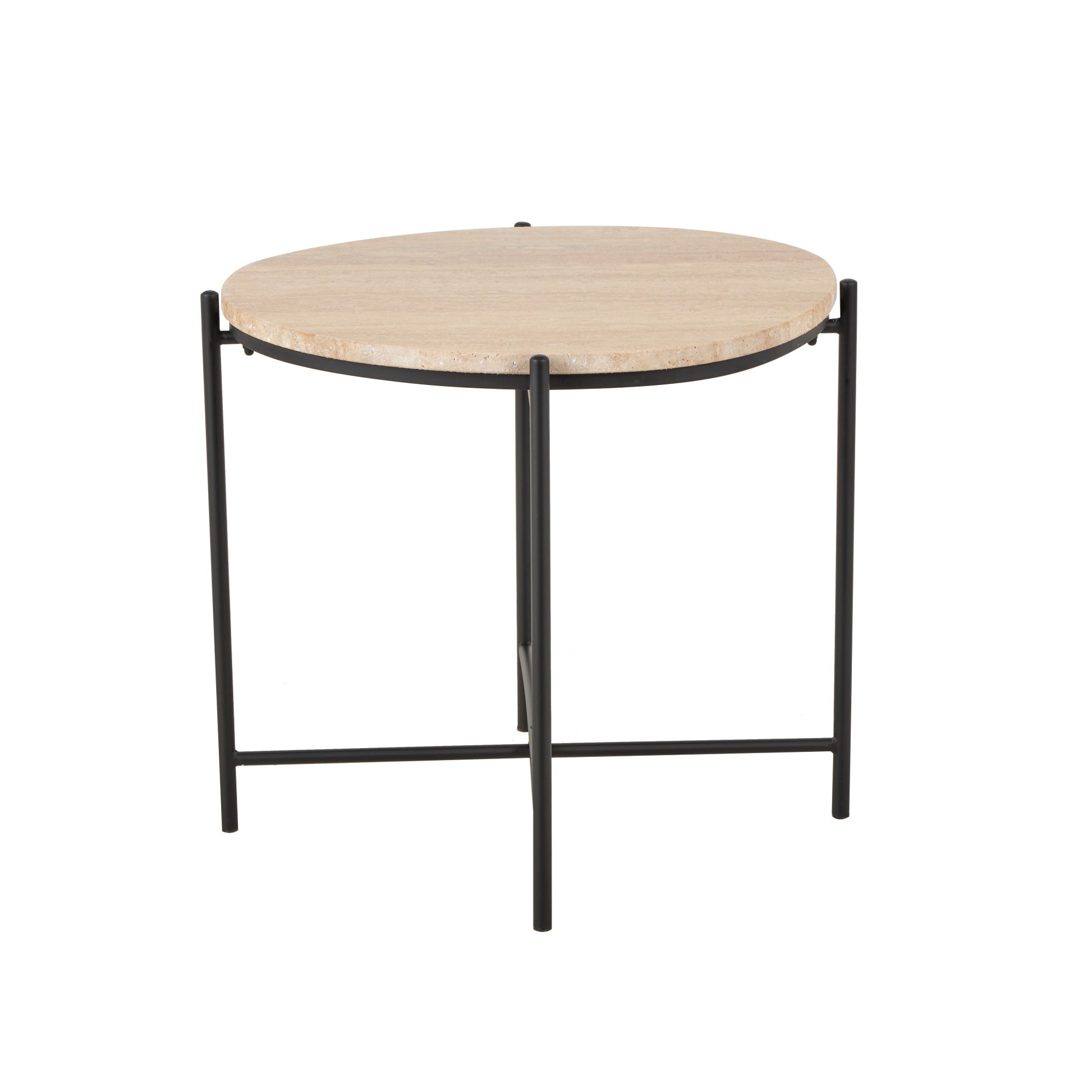 Beige Marble Round Side End Accent Table with Black Metal Support