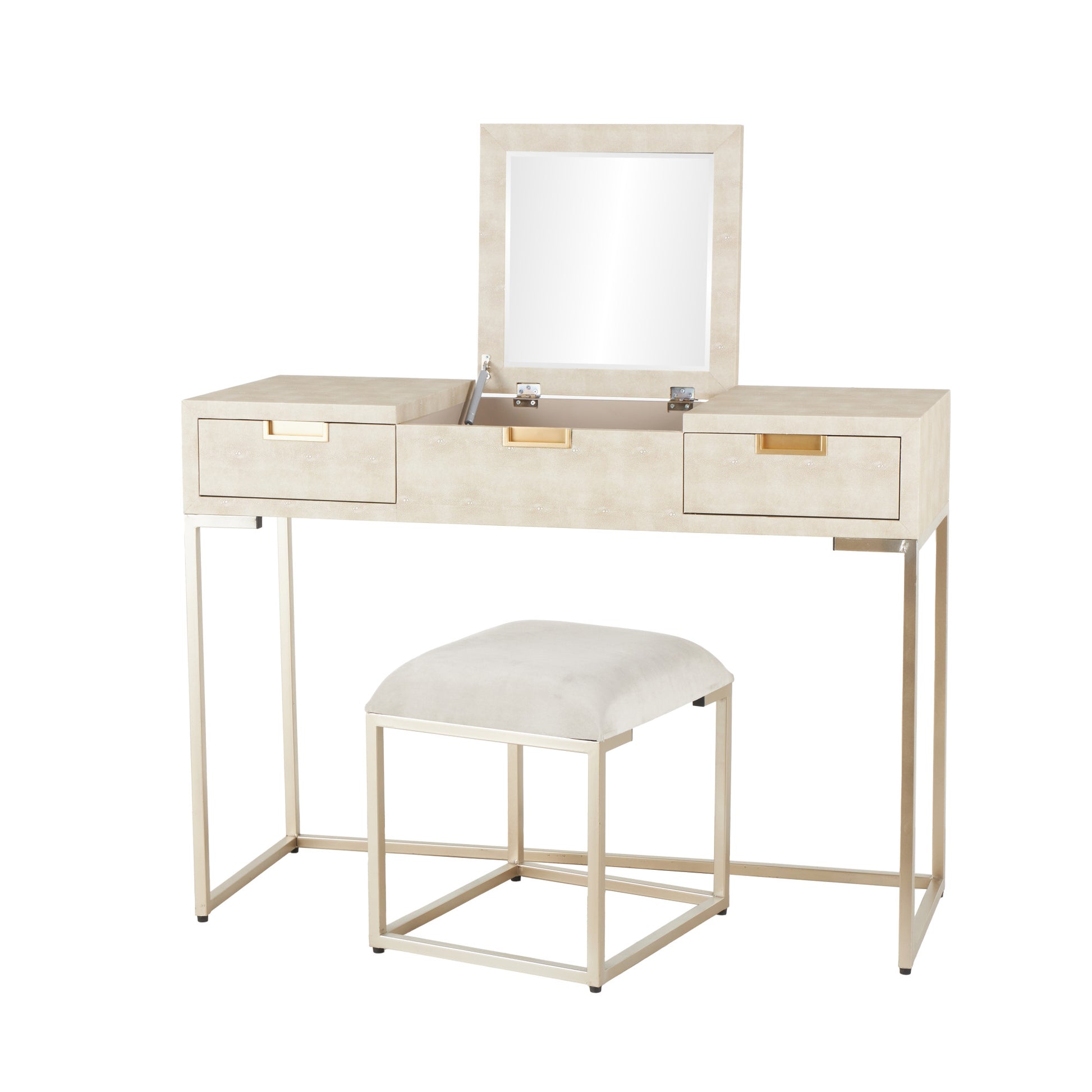 Light Gray Wood Bedroom Vanity with Stool with Hidden Mirror