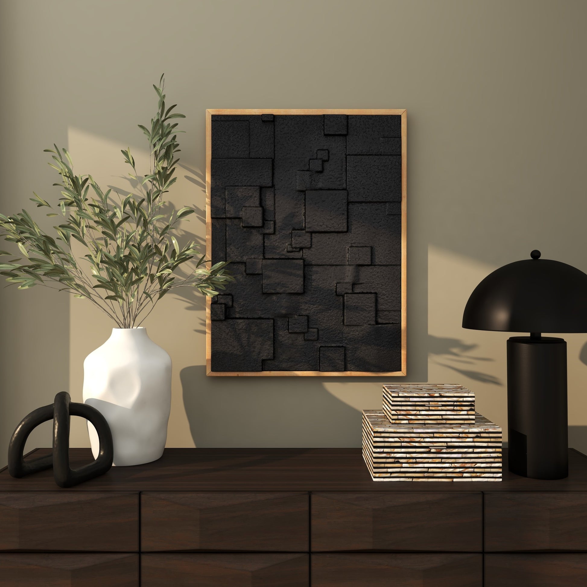Geometric Black Wood Dimensional Textured Shapes Living Room Framed Wall Art with Brown Frame
