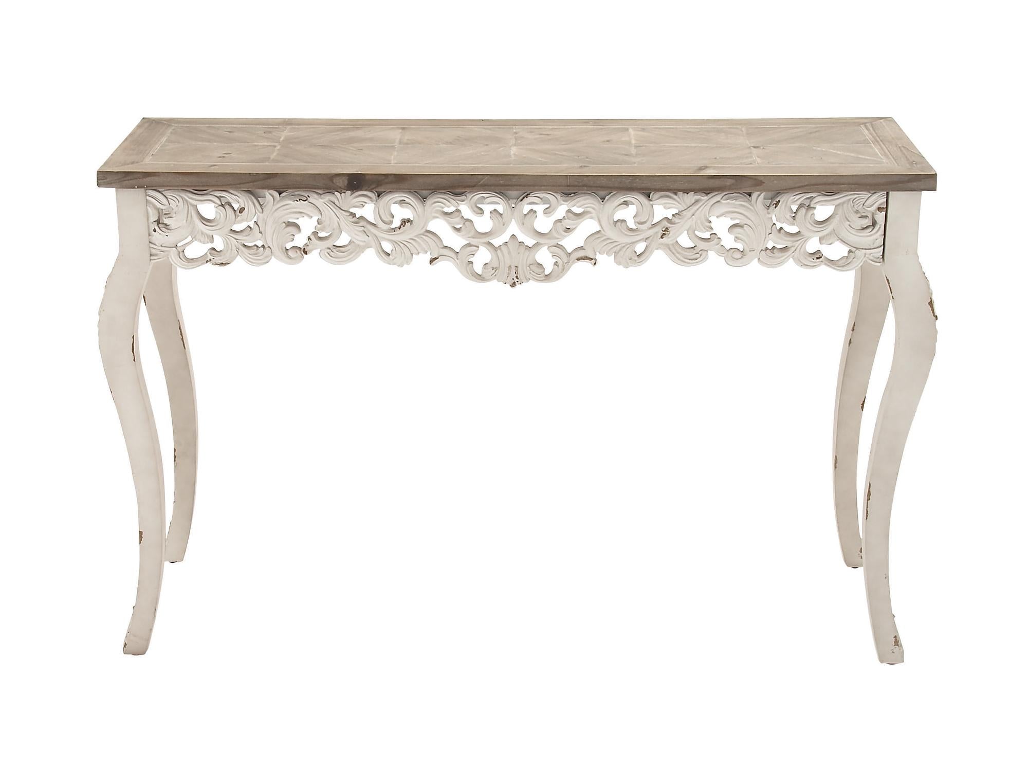 Scroll White Wood Intricately Carved Living Room Console Table with Brown Wood Top