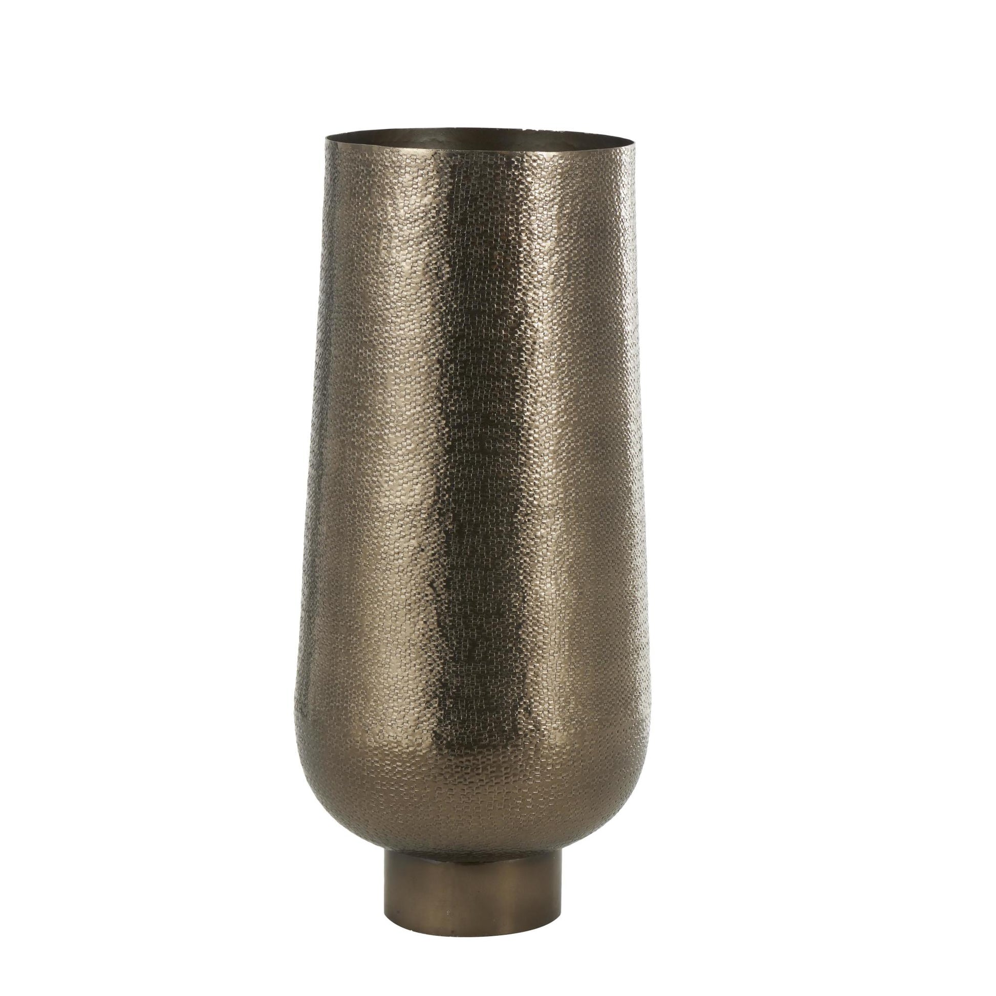 Geometric Brass Aluminum Metal Textured Wide Floor Decorative Vase with Elevated Base
