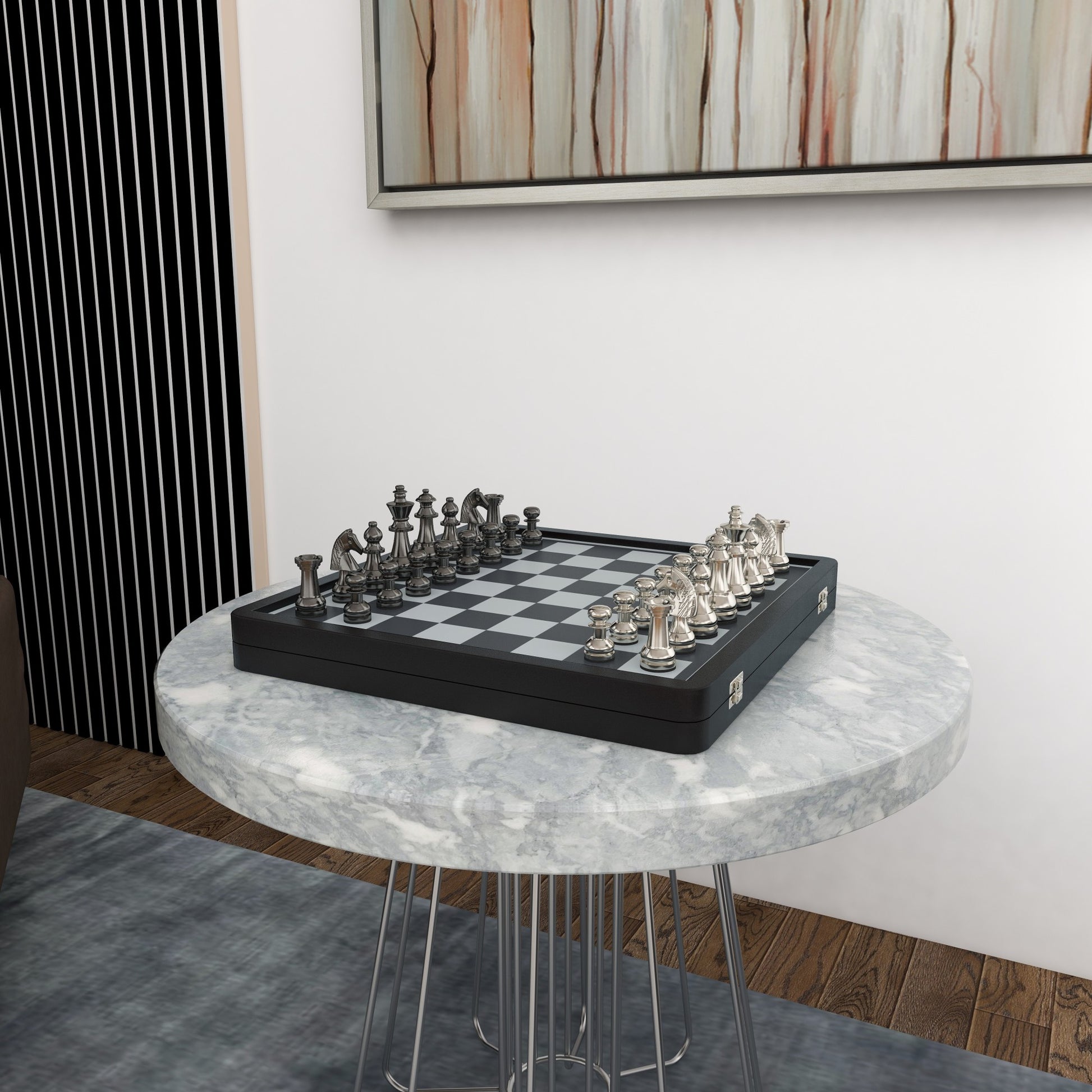 Chess Black Aluminum Metal Home Decor Game Set with Storage Compartment