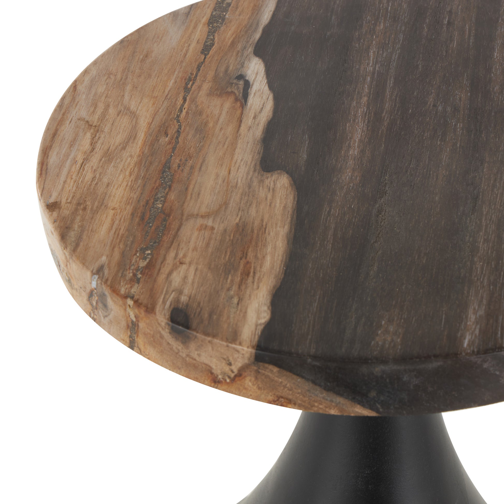 Black Teak Wood Handmade Fluted Side End Accent Table with Brown Tabletop