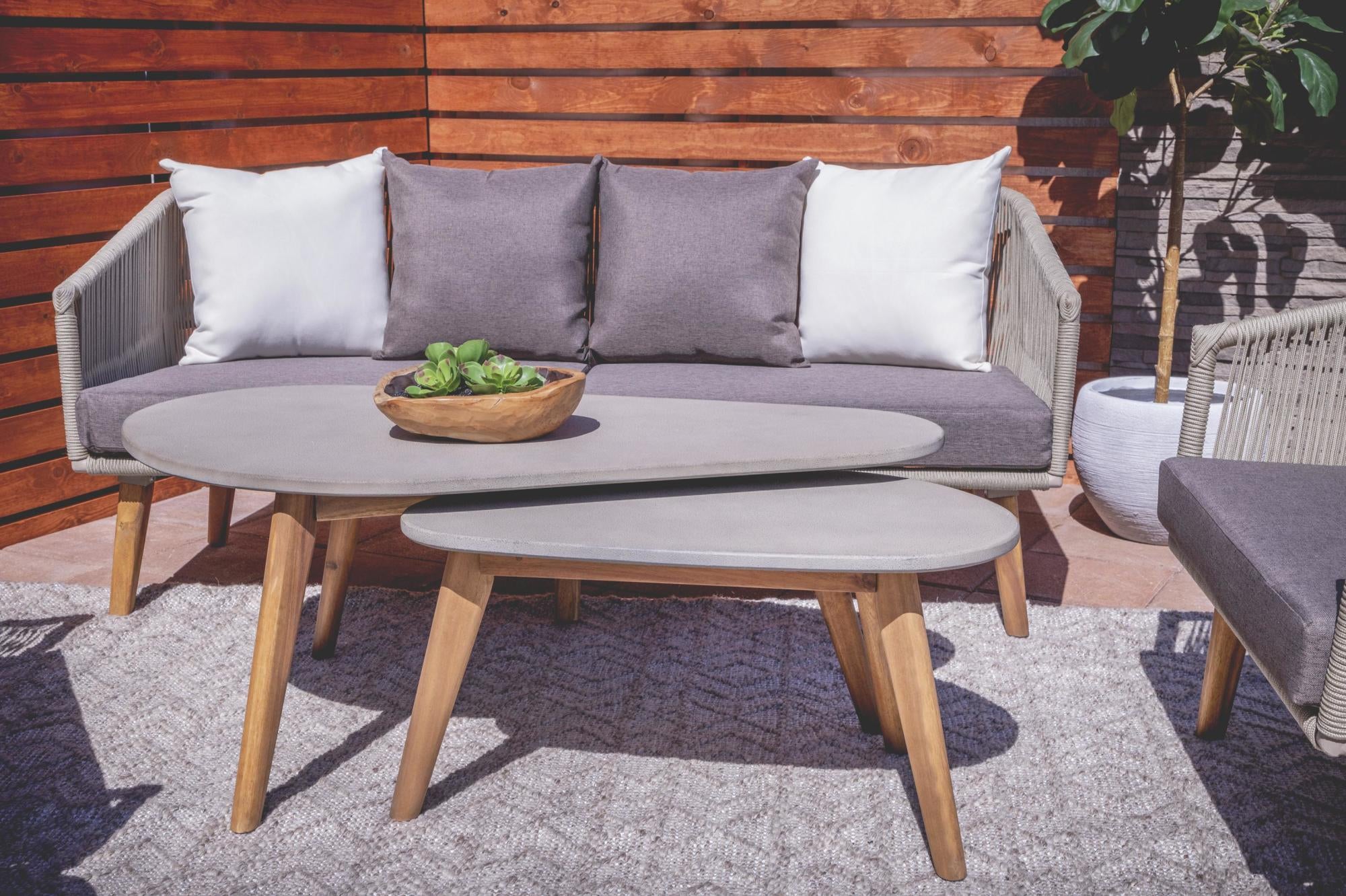 Gray Cement Stone Concrete Inspired Angled Oval End Table Outdoor Accent Table with Tapered Wood Legs