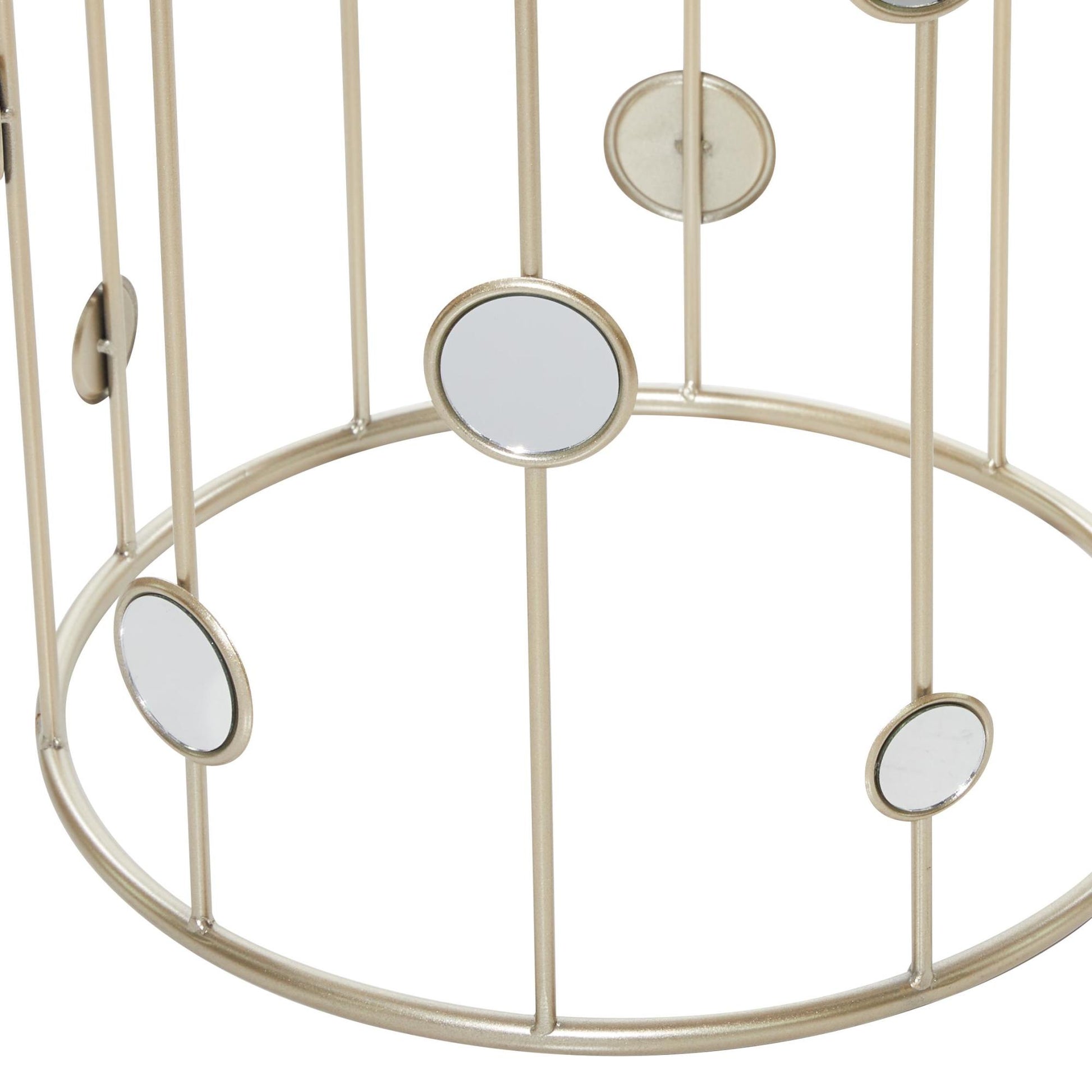 Set of 2 Champagne Metal Open Frame Side End Accent Table with Mirrored Glass Top and Circular Accents