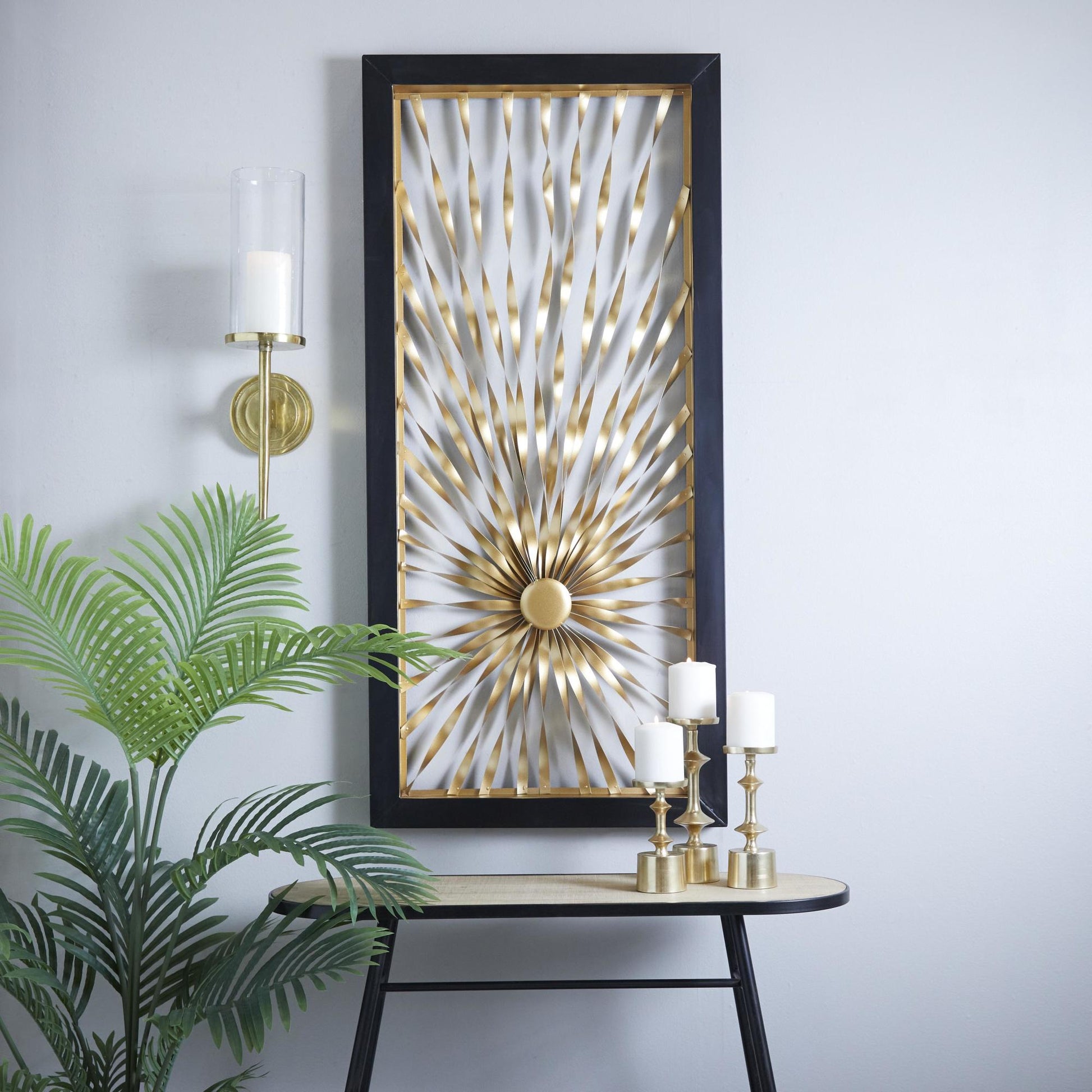 Sunburst Gold Metal Coiled Ribbon Home Wall Decor with Black Frame