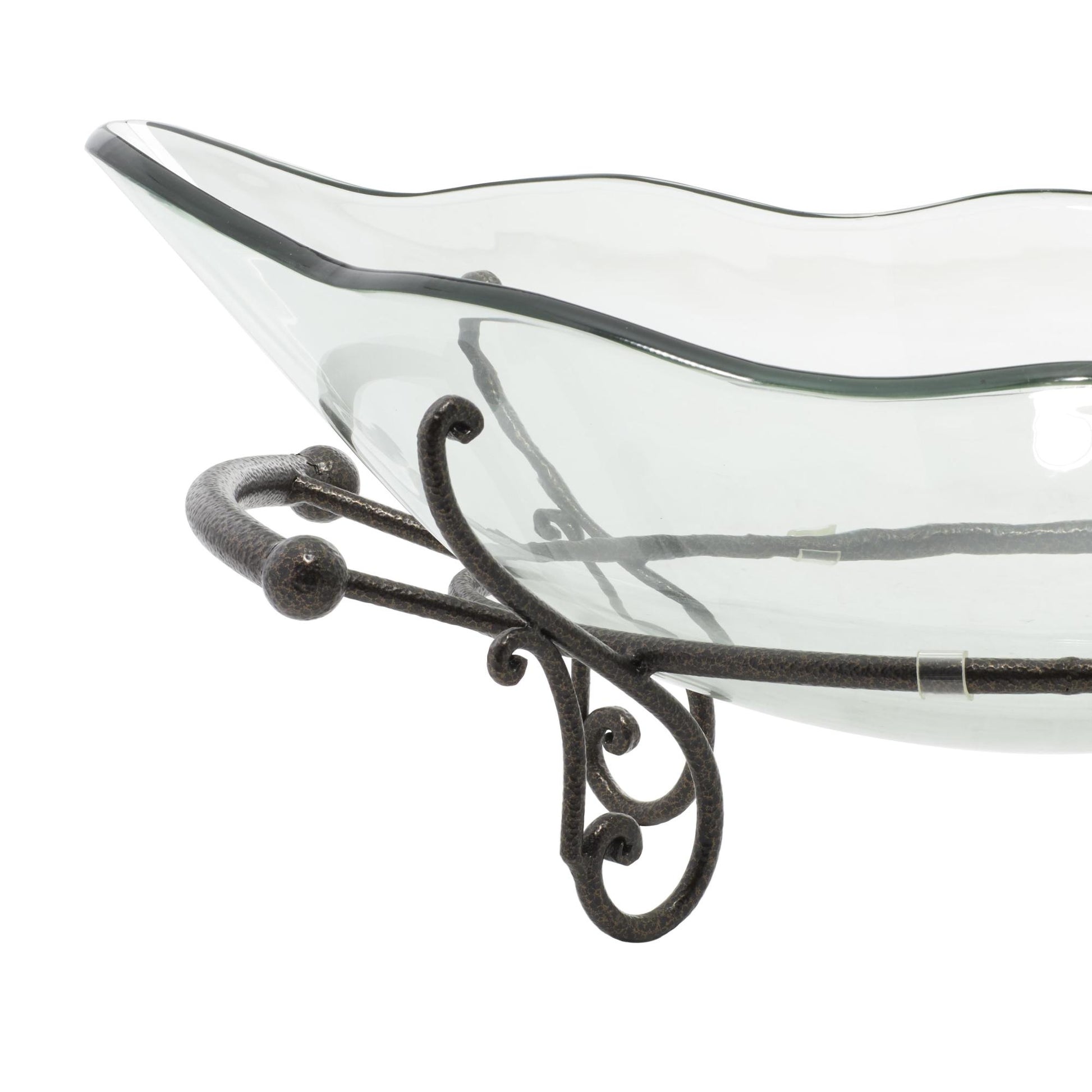 Kitchen Clear Tempered Glass Scalloped Edge Decorative Serving Bowl with Bronze Metal Scroll Stand