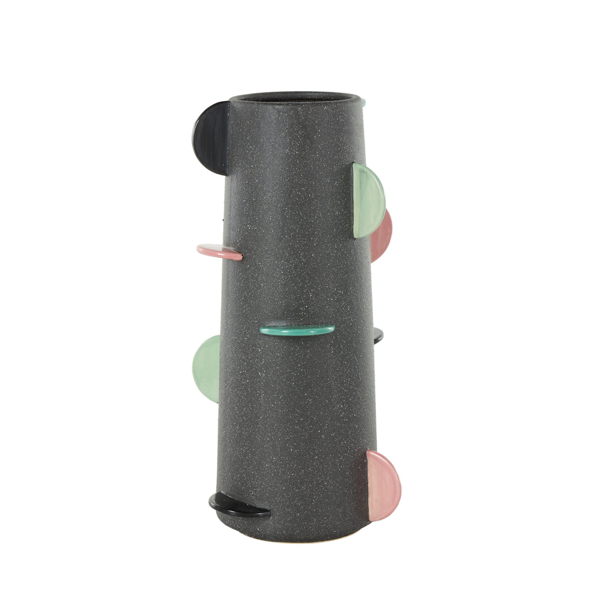 Black Ceramic Textured Decorative Vase with Multicolor Half-Moon Accents