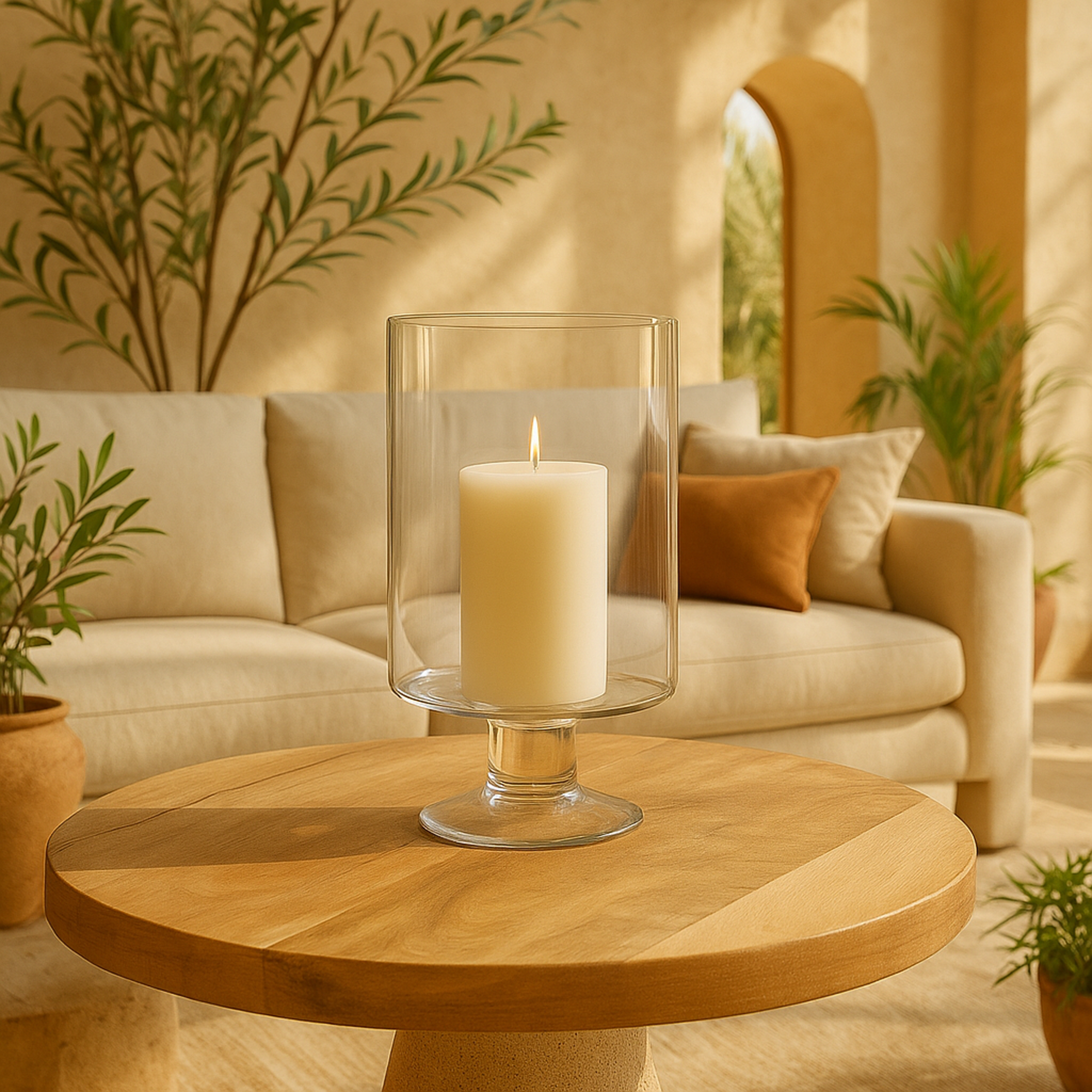 Clear Glass Wide Decorative Candle Holder with Elevated Base