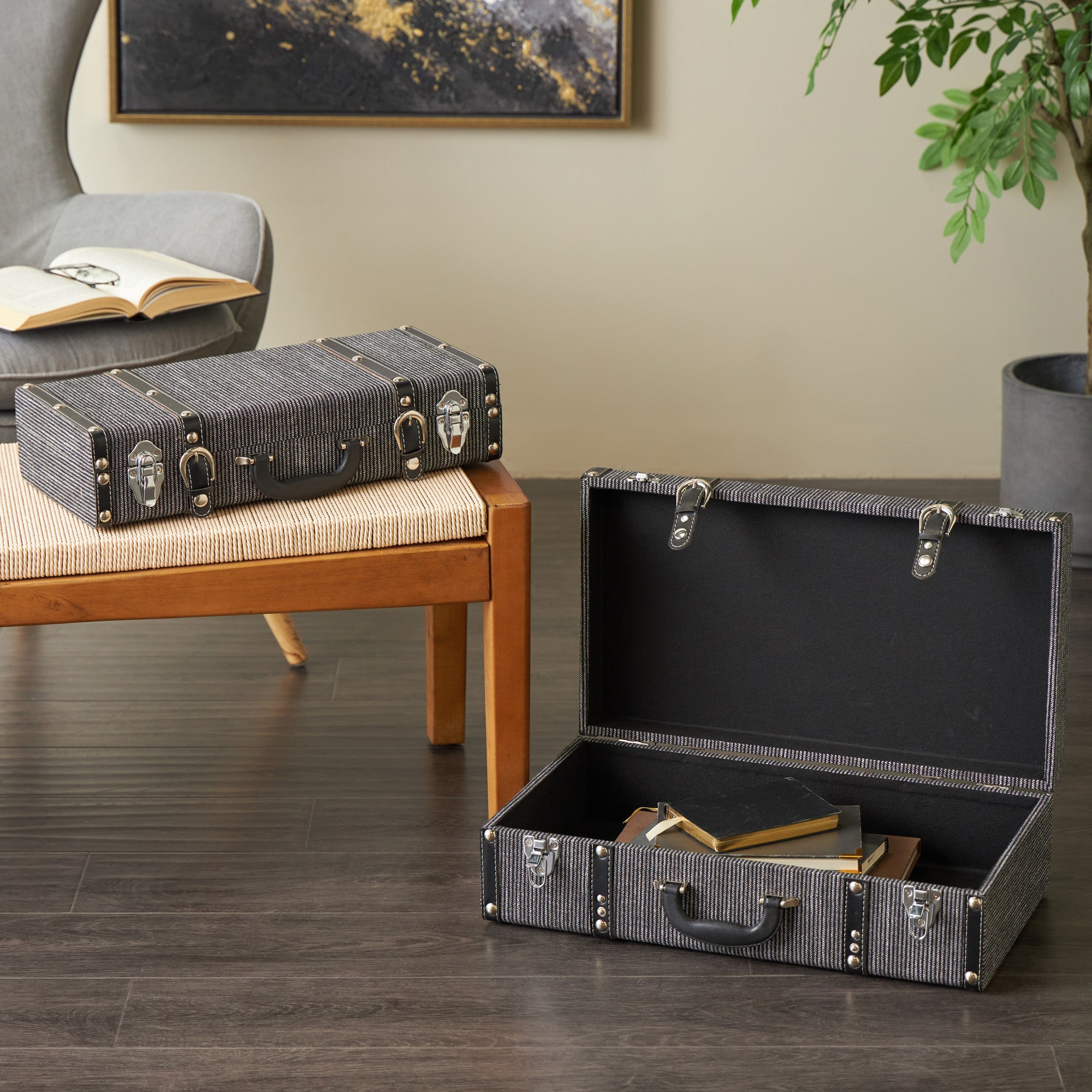 Set of 2 Black Fabric Woven Storage Decorative Trunk with Silver Latches and Buckles