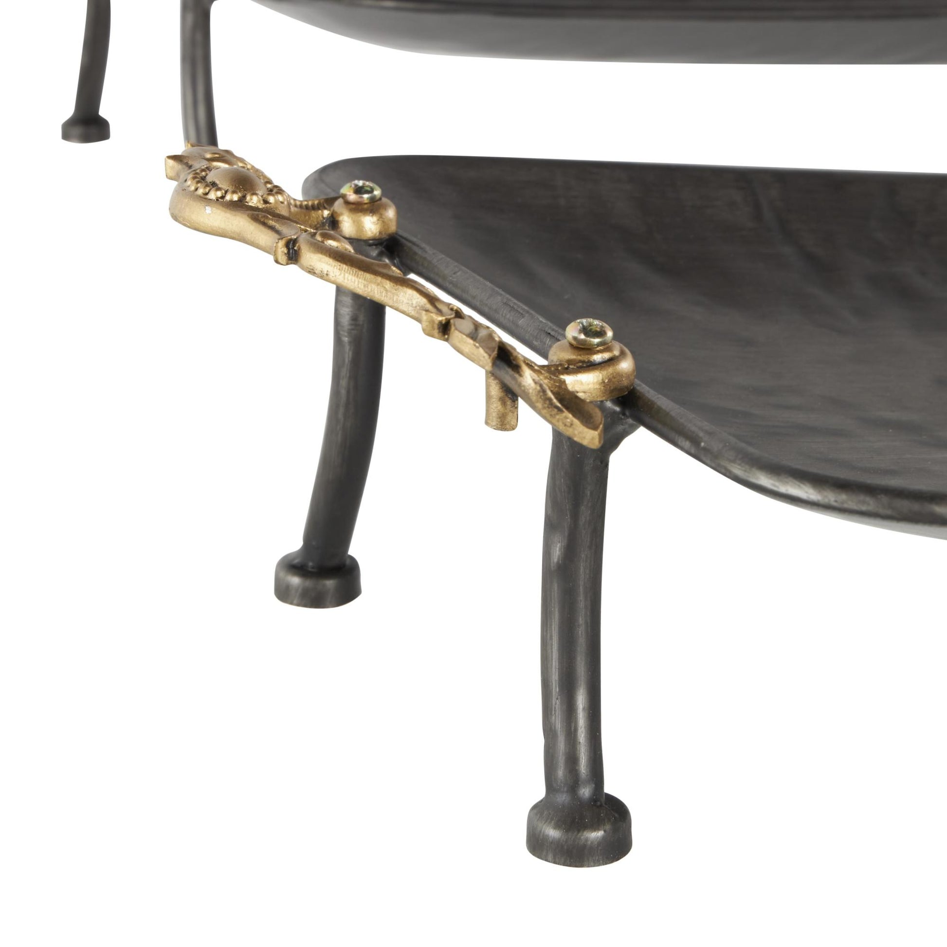 Set of 2 Leaf Black Metal Textured Curved Living Room Decor Tray with Elevated Feet and Gold Scroll Vine Handles