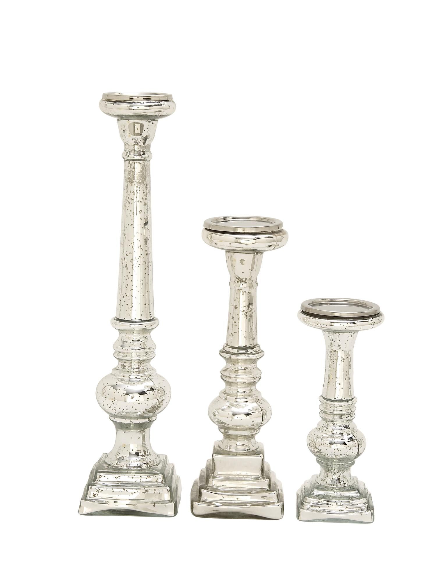 Set of 3 Silver Glass Handmade Turned Style Pillar Decorative Candle Holder